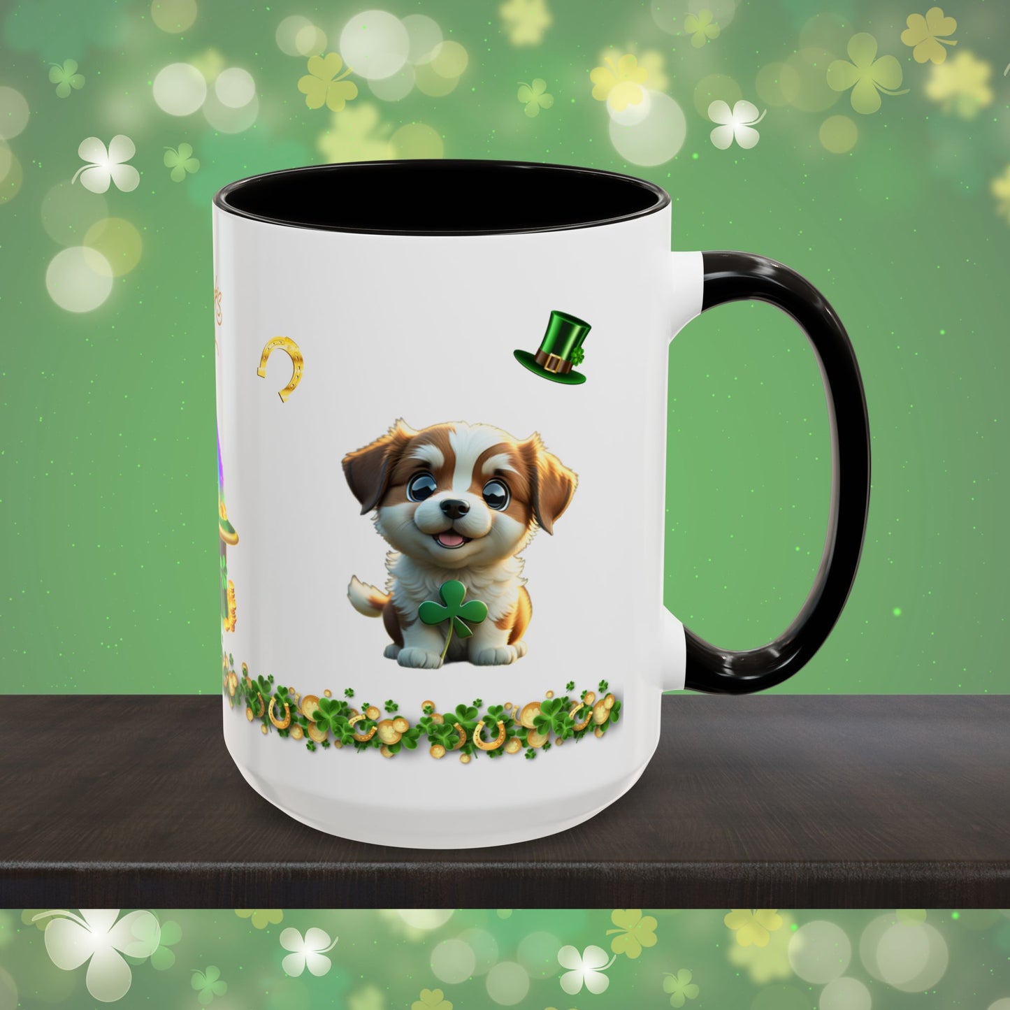 Clover Cuddles Canine: St. Patrick's Day Two-Tone Coffee Mug - Festive Ceramic Mug for Positivity & Mindfulness