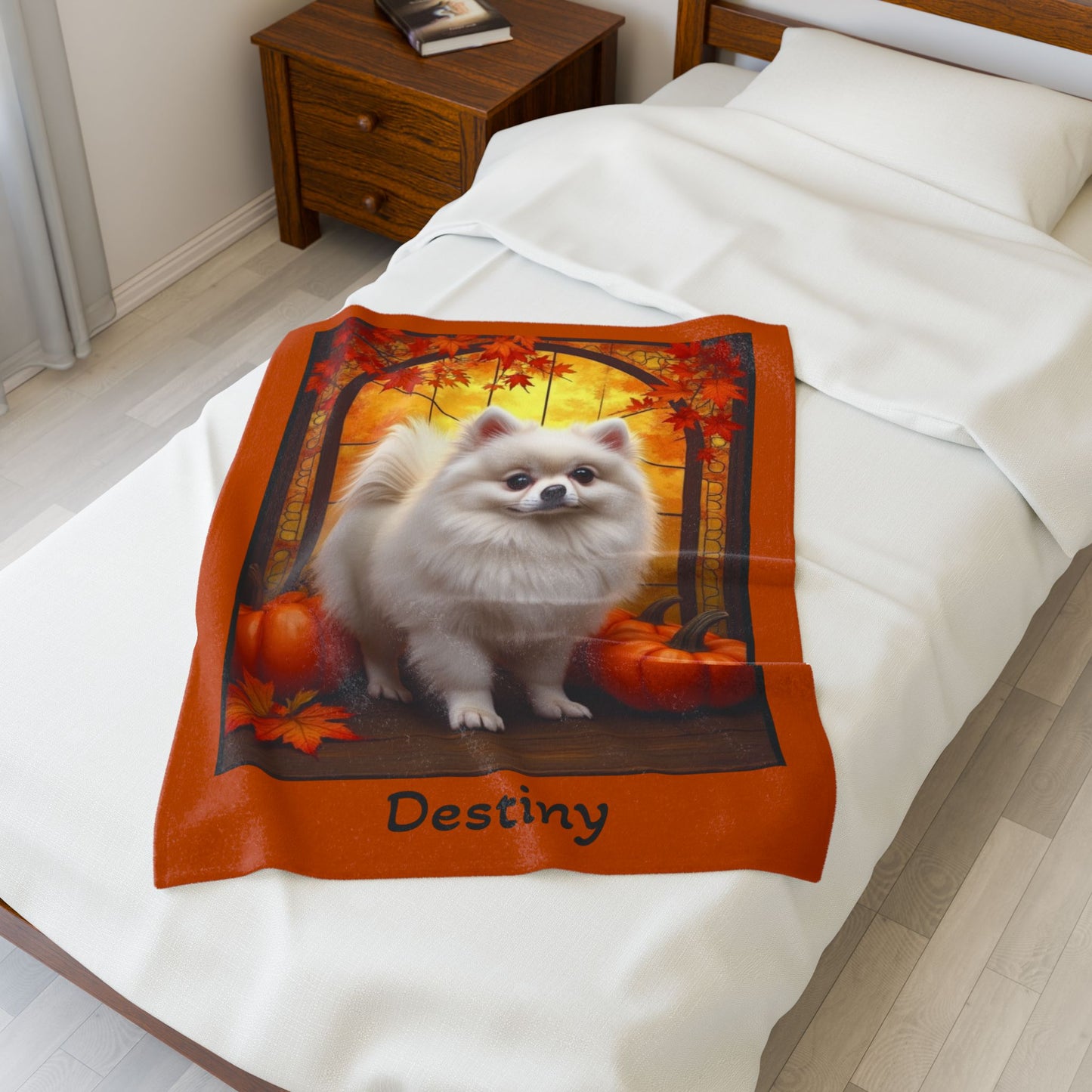 White Pomeranian velveteen plush blanket, fluffy cozy throw blanket gift for pet parents and dog lover home