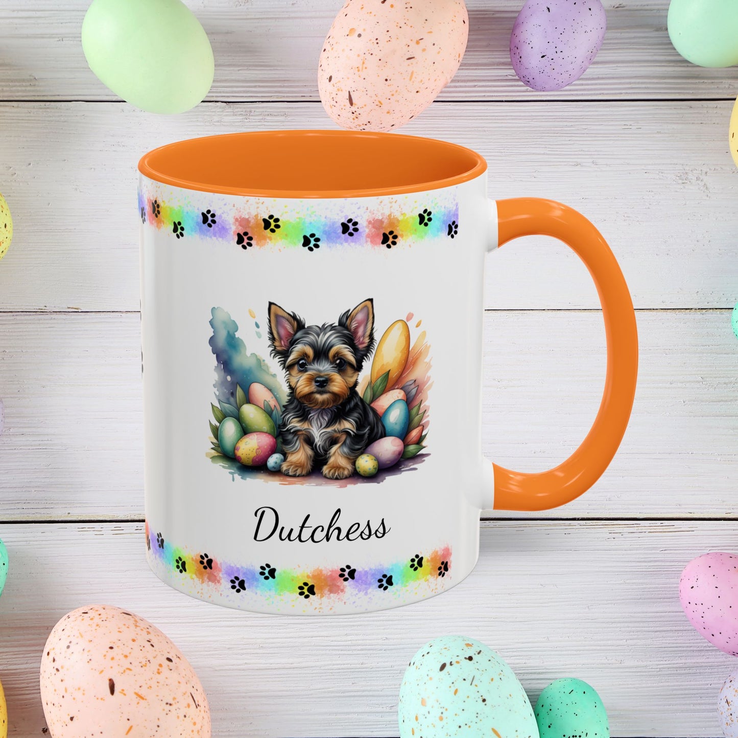 Yorkshire Terrier Easter puppy coffee mug personalized dog gift, perfect for mindfulness, self-care, and spring positivity.