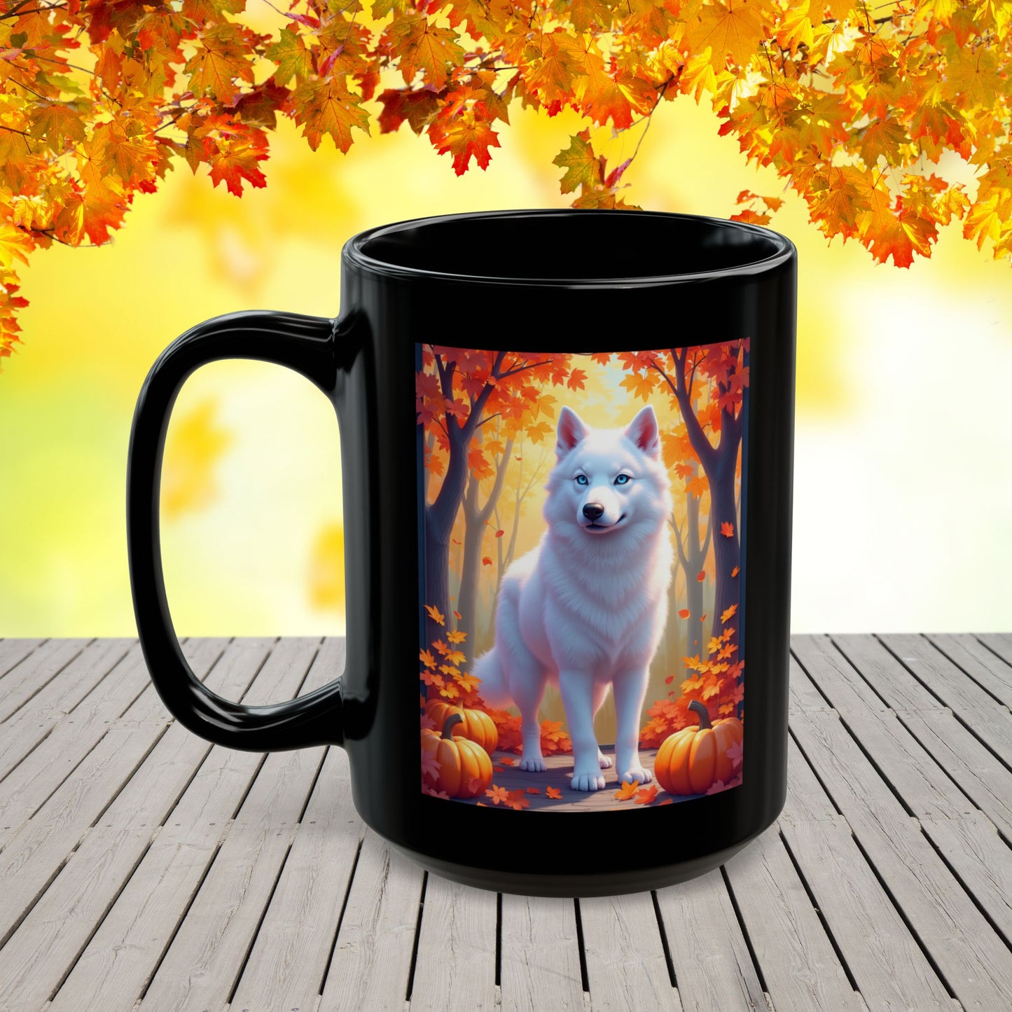 White Siberian Husky autumn coffee mug, personalized fall dog lover gift for coffee or tea enthusiasts