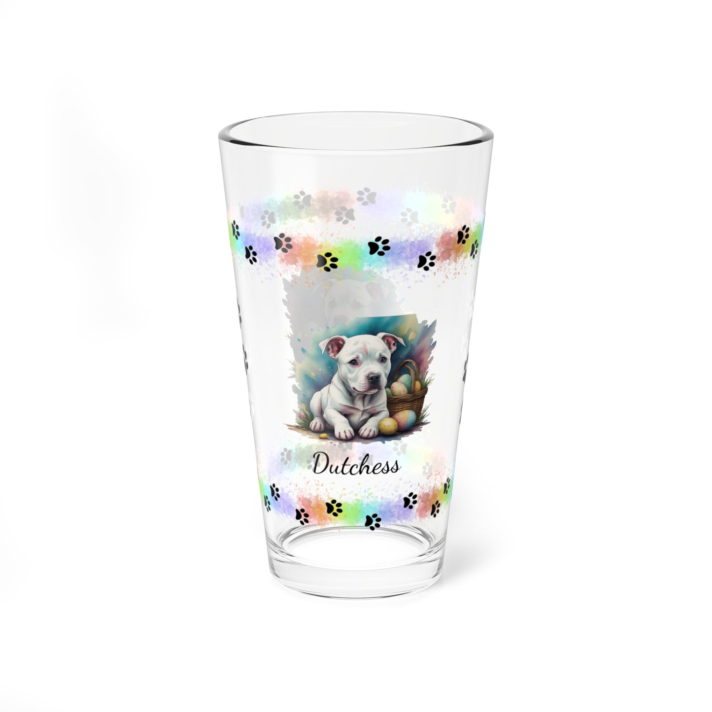 Pitbull (White) Personalized Easter Puppy 16oz Pint Glass - Custom Dog Design, Mental Health Gift, Easter Décor, and Festive Celebrations