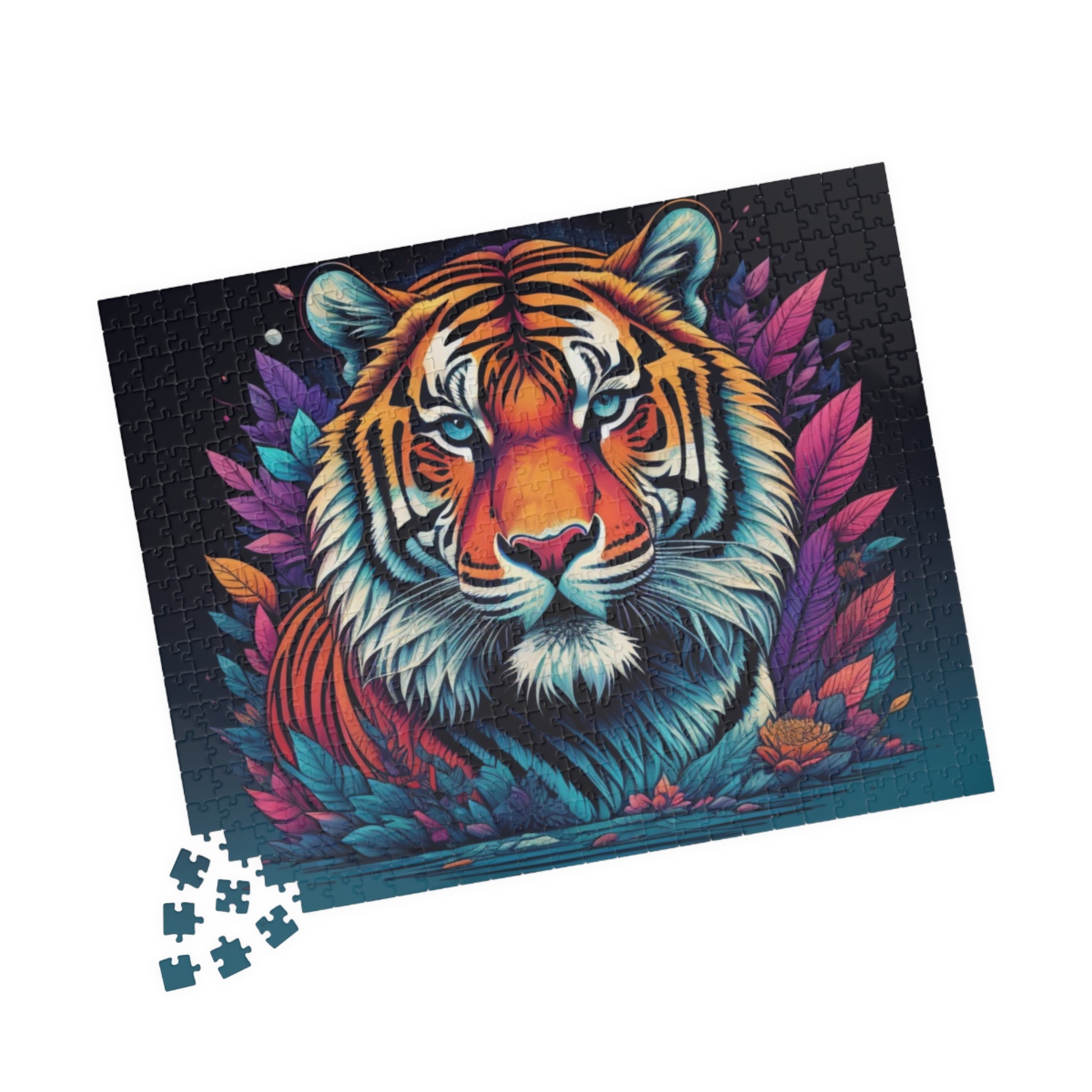 Determined tiger walking forward in moody lighting, featured on a puzzle highlighting strength and tenacity