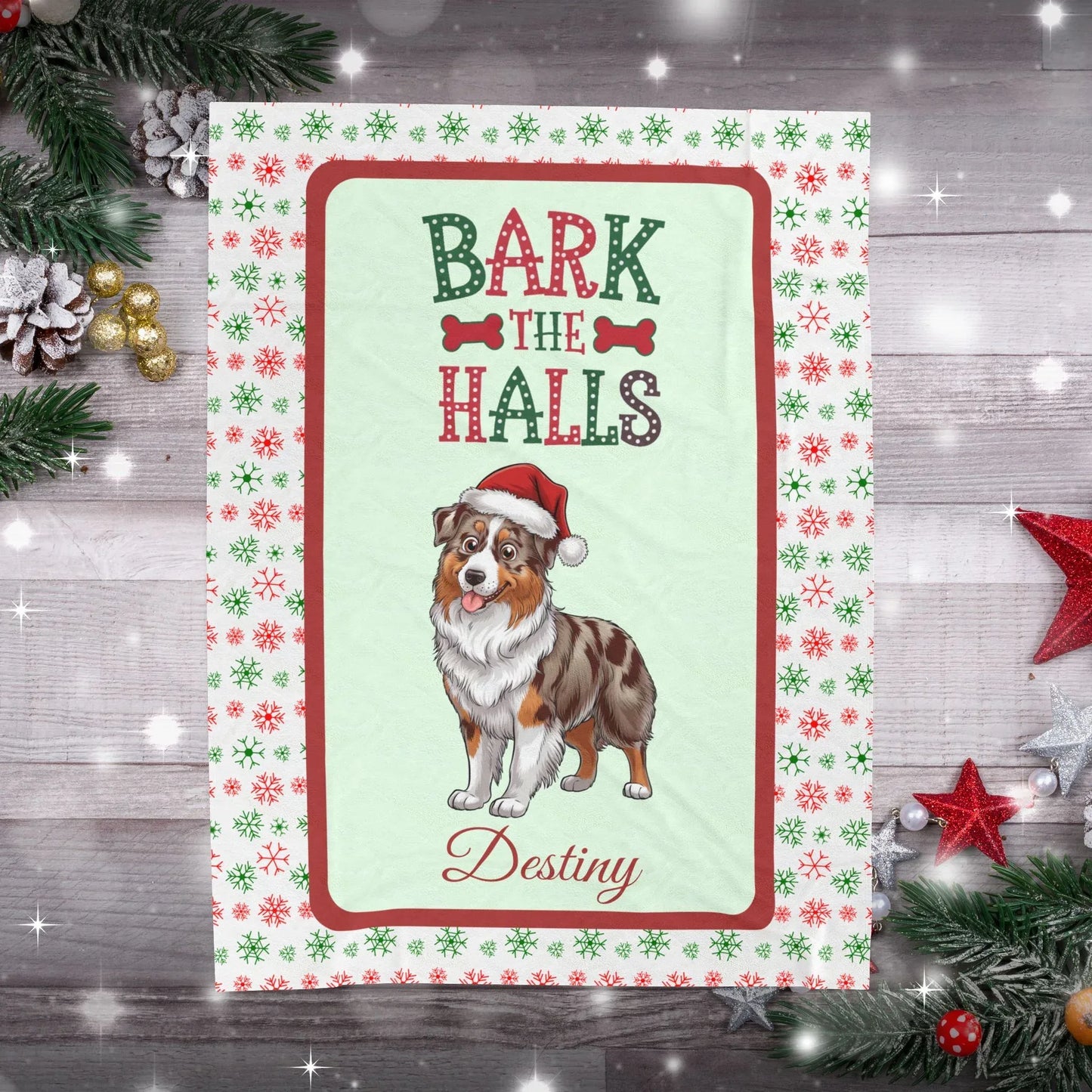 Shop our premium personalized australian shepherd red merle velveteen plush blanket bark the halls from MySisterIsASurvivor.