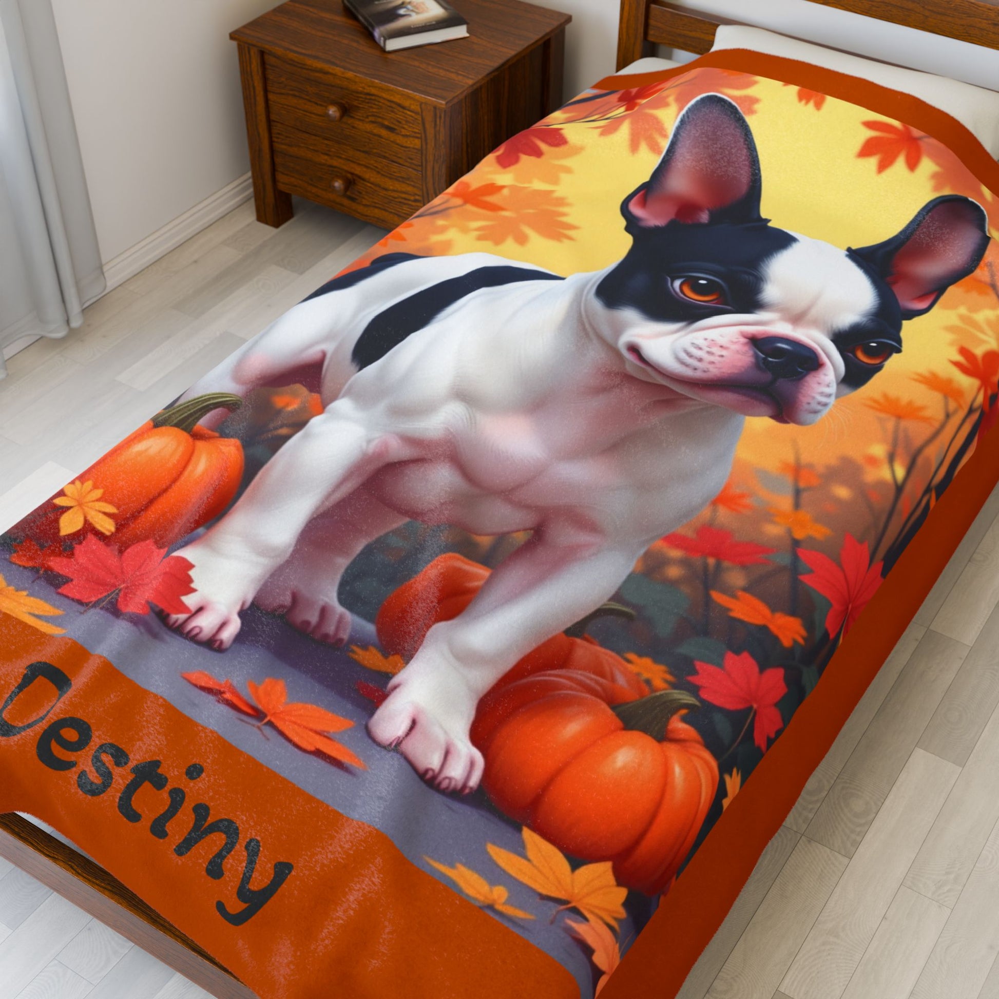 French Bulldog Black & Pied Coat Velveteen Blanket, Personalized Plush Dog Throw, Frenchie Lover Gift