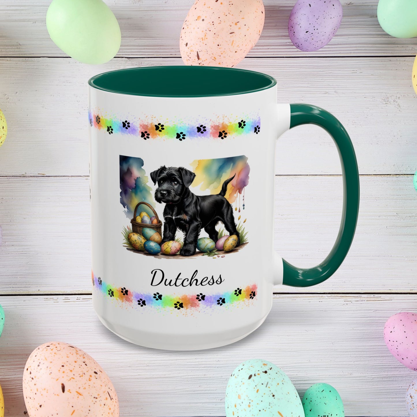 Black Schnauzer Easter puppy coffee mug personalized dog lover gift, promoting peace, positivity, and emotional wellness.