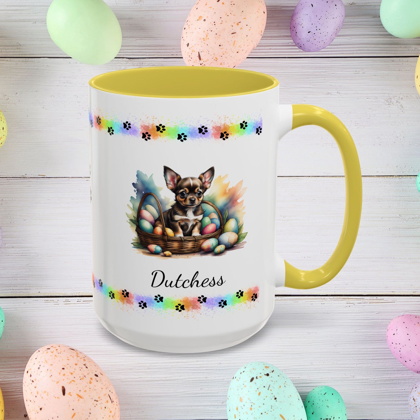 Chihuahua (Black Tri): Personalized Easter Puppy Coffee Mug - Adorable Dog Design, Mental Health Gift, 11oz & 15oz, 12 Color Choices, Easter Gifts & Décor