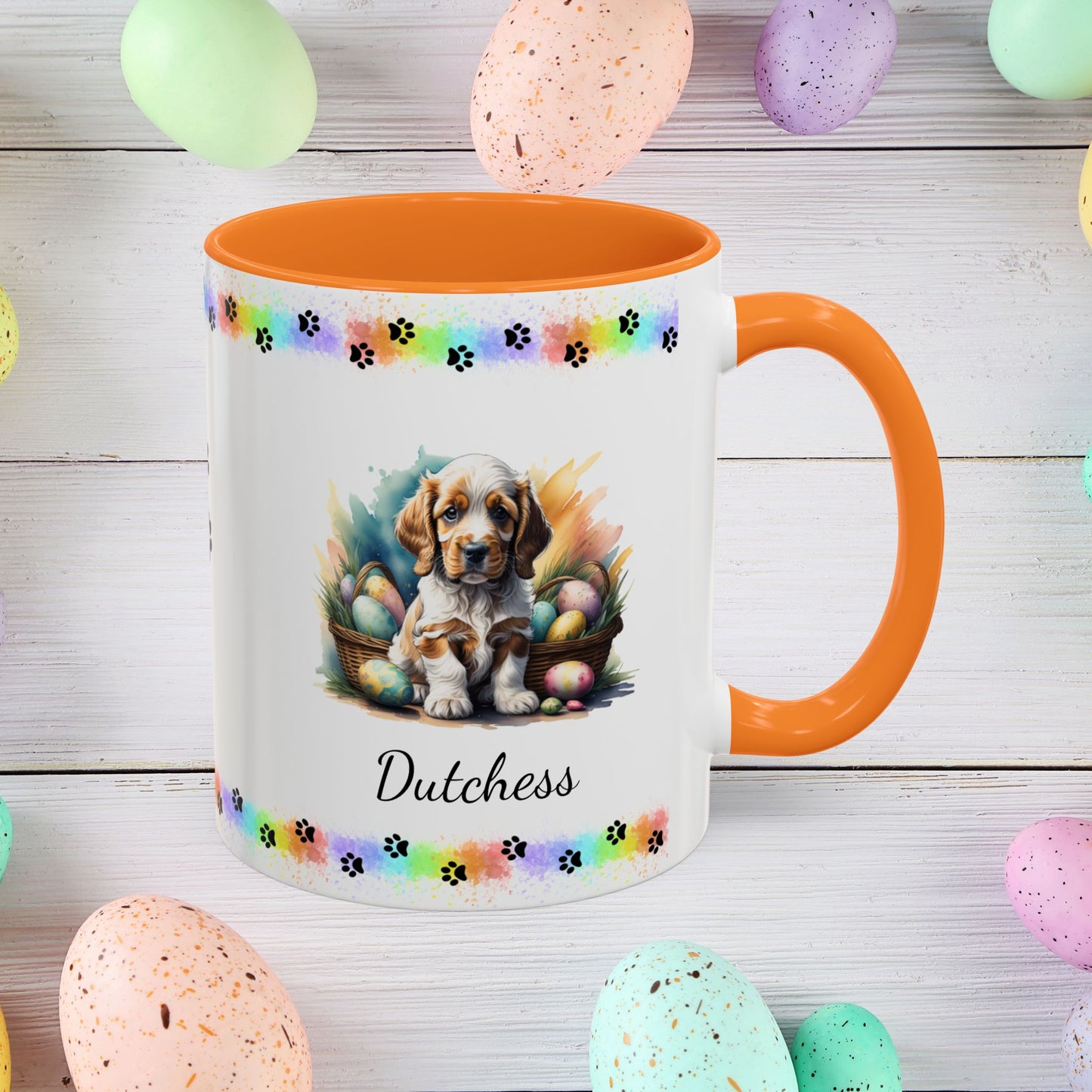 Cocker Spaniel Orange Roan personalized Easter puppy mug, cute dog coffee cup gift for mental health awareness