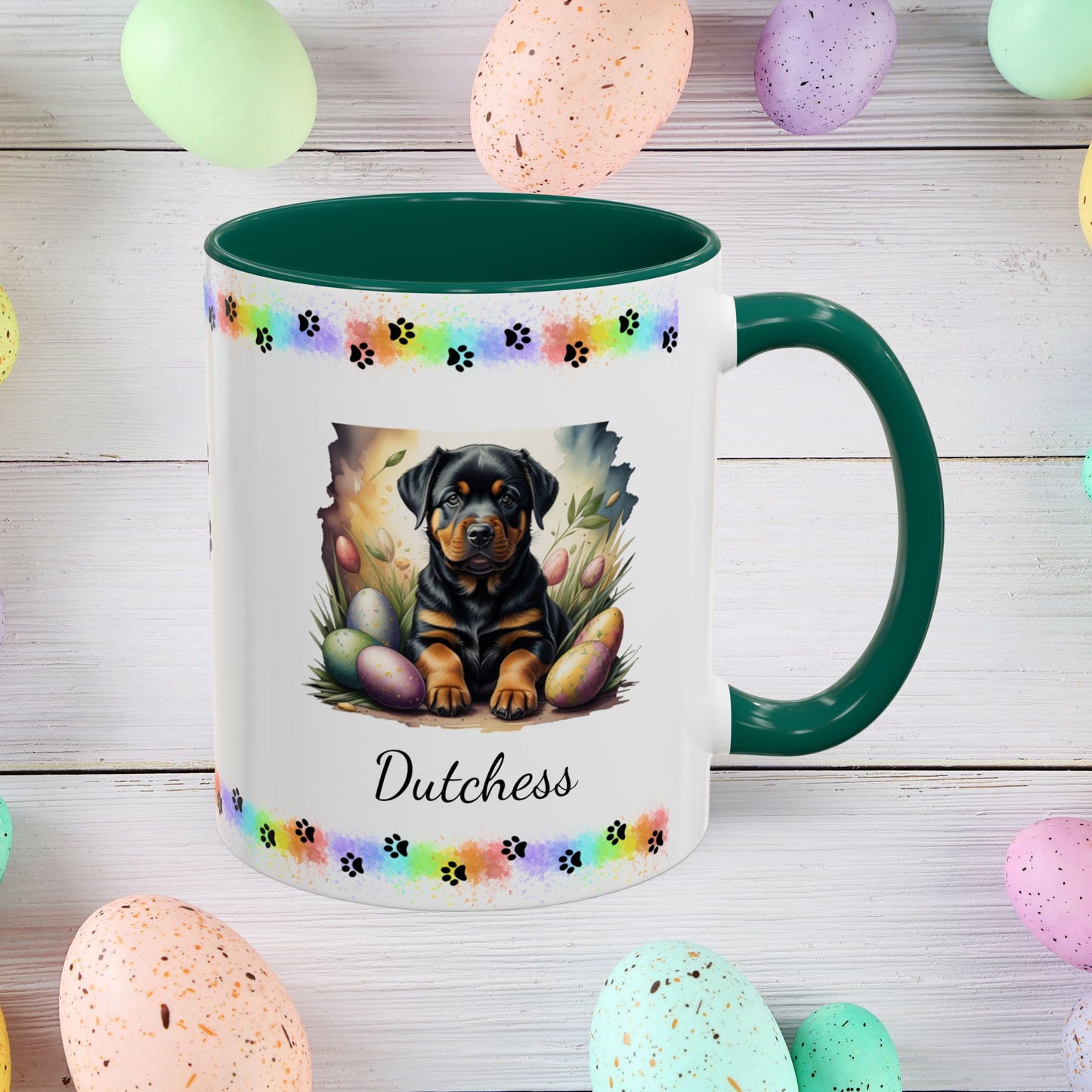 Rottweiler Easter puppy coffee mug personalized dog design, thoughtful gift for self-care and mental health awareness.