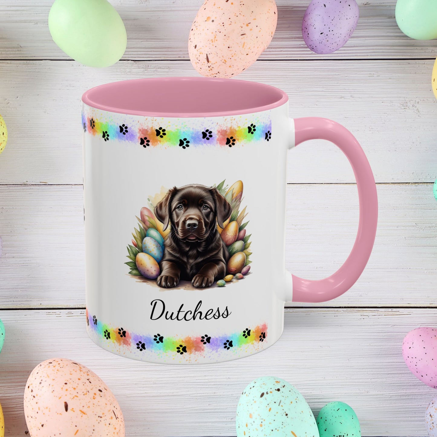 Chocolate Labrador Easter puppy coffee mug, personalized cute dog gift for mental health support and cozy sipping