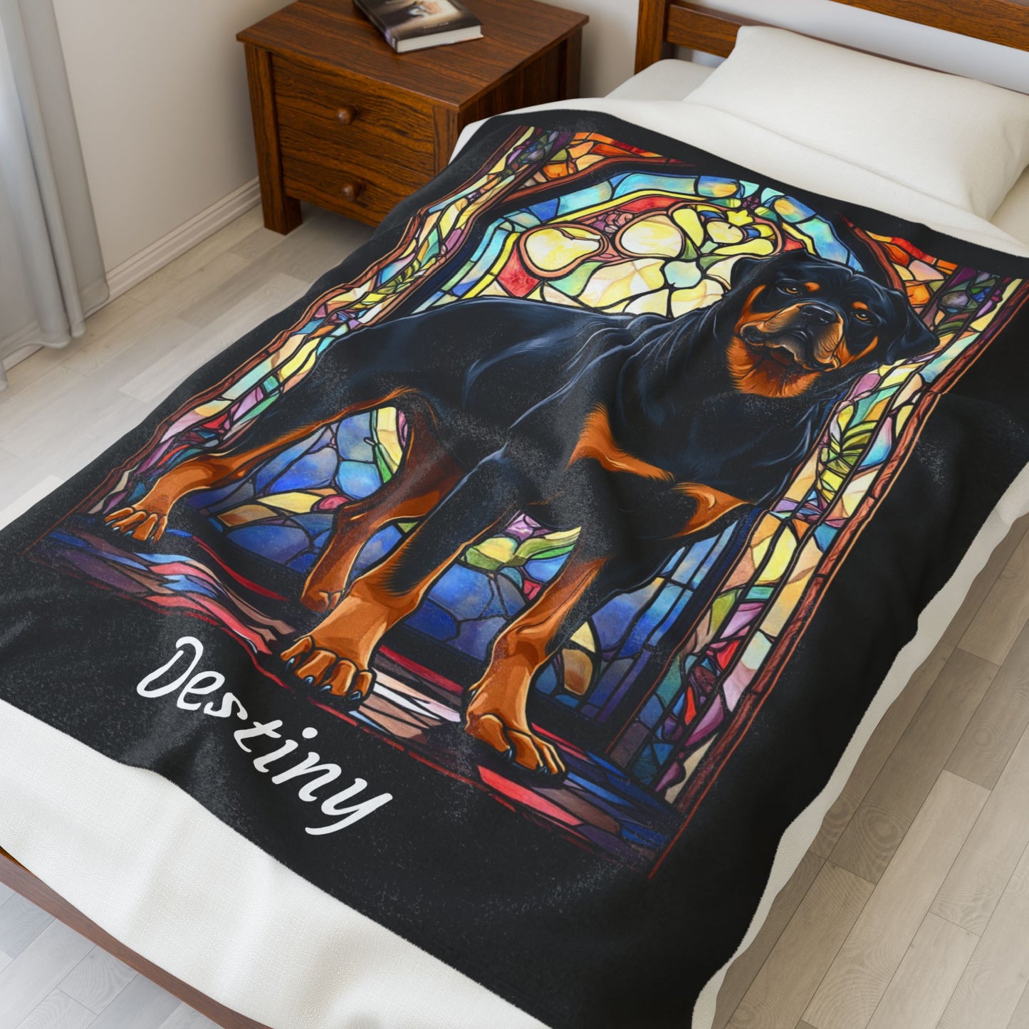 Rottweiler Black & Tan Coat Blanket, Velveteen Plush Stained Glass Dog Throw, Unique Gift for Humans