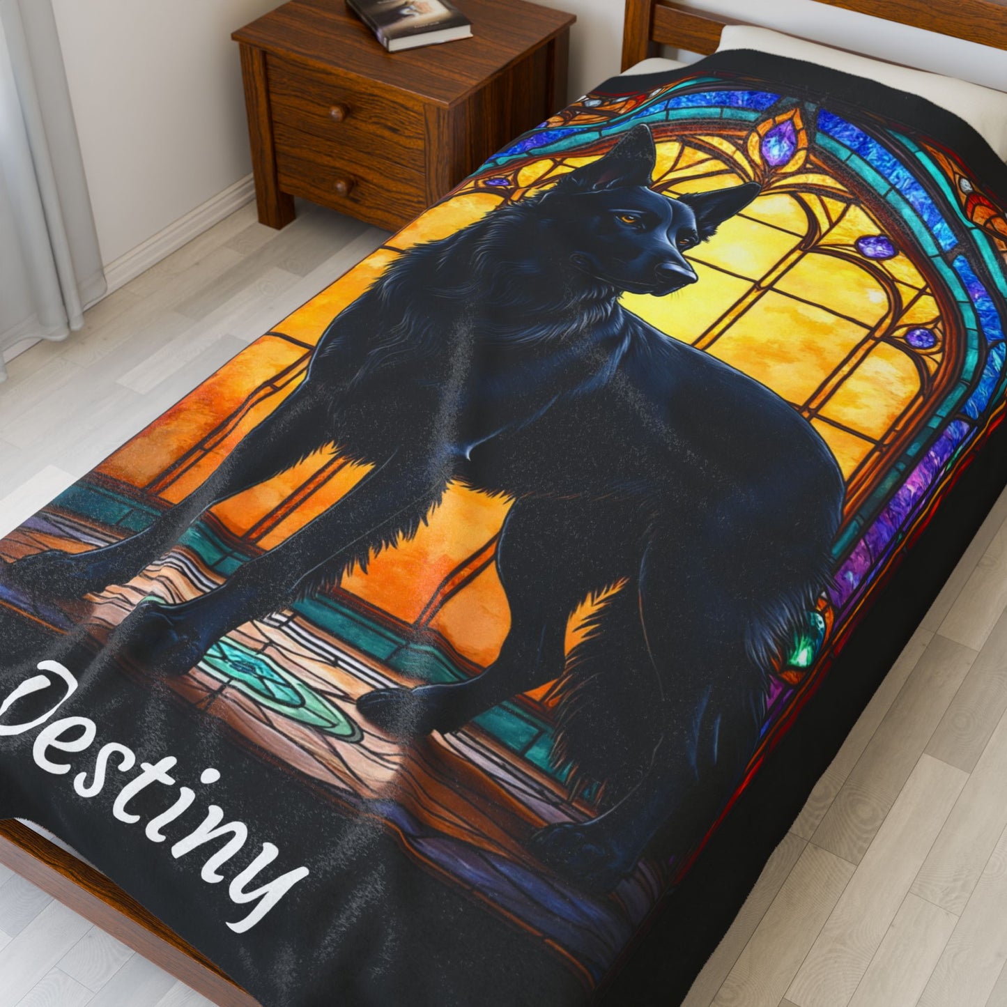 German Shepherd Black Coat Blanket, Stained Glass Dog Art Throw, Unique Gift for Humans