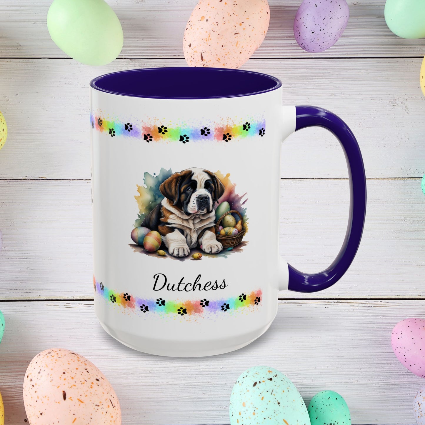 Saint Bernard: Personalized Easter Puppy Coffee Mug - Adorable Dog Design, Mental Health Gift, 11oz & 15oz, 12 Color Choices, Easter Gifts & Décor