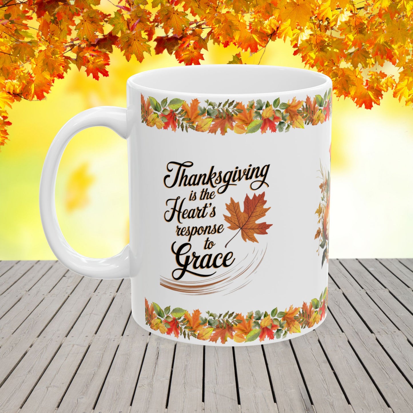 Thanksgiving Ceramic Mug with Grace and Heartfelt Thanks for Gratitude and Reflection