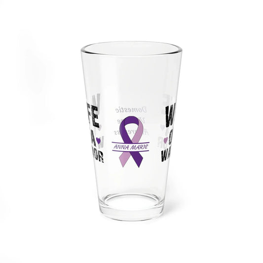 Shop our premium wife of a warrior domestic violence awareness pint glass 16oz from MySisterIsASurvivor.