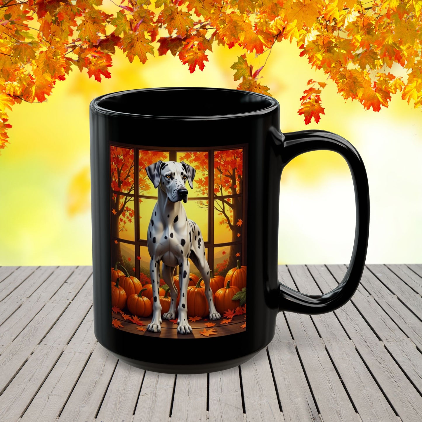 Great Dane Harlequin - Autumn mug, seasonal coffee cup for fall dog parents and Great Dane lovers