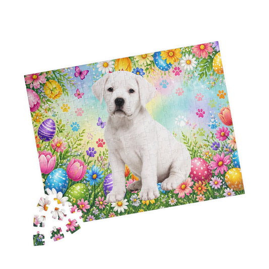 Rottweiler (White) Easter Puppy Puzzle - Spring Garden with Eggs, Tulips, and Butterflies