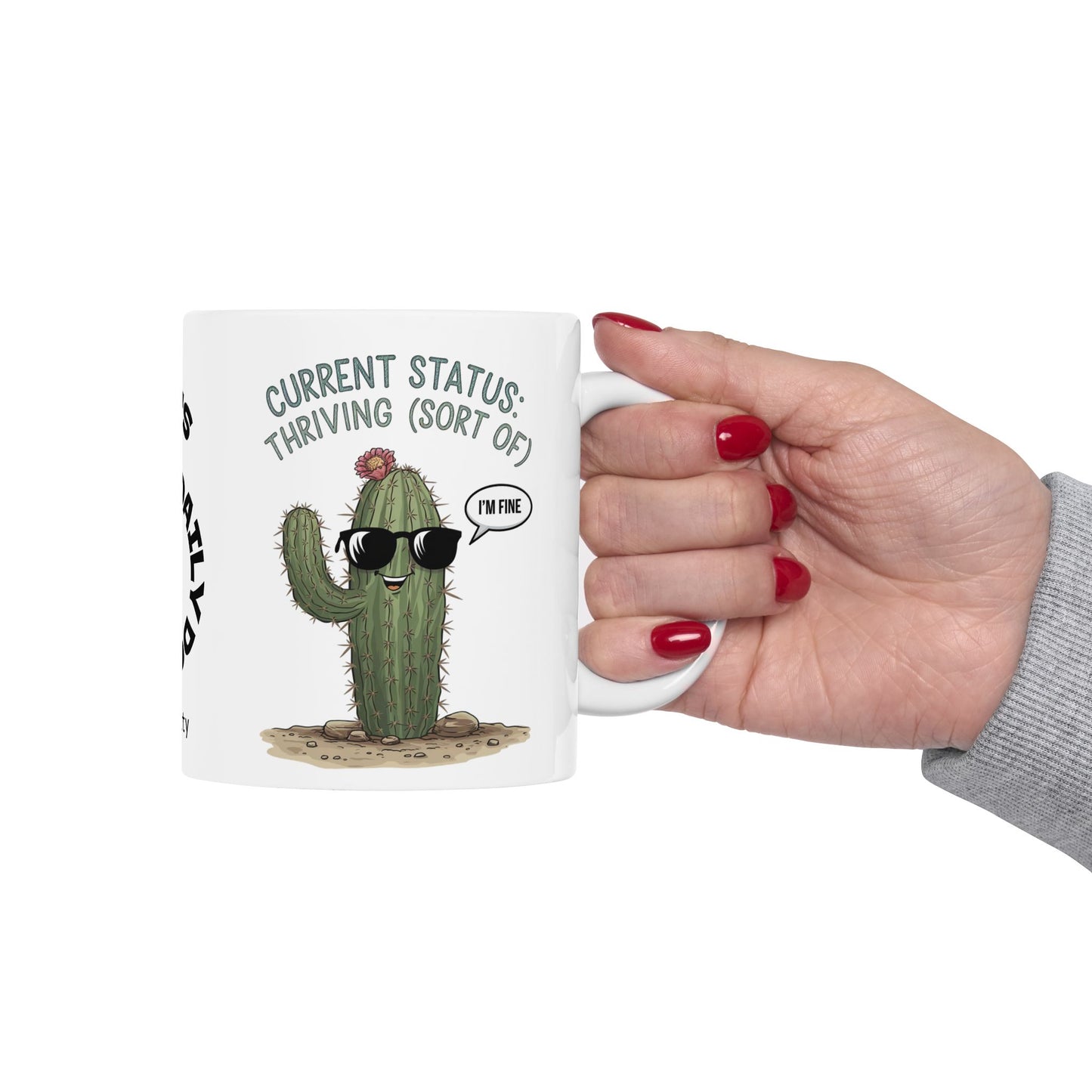 "Current Status: Thriving (Sort Of)" funny mental health mug, personalized for anxiety relief and self-care affirmations.