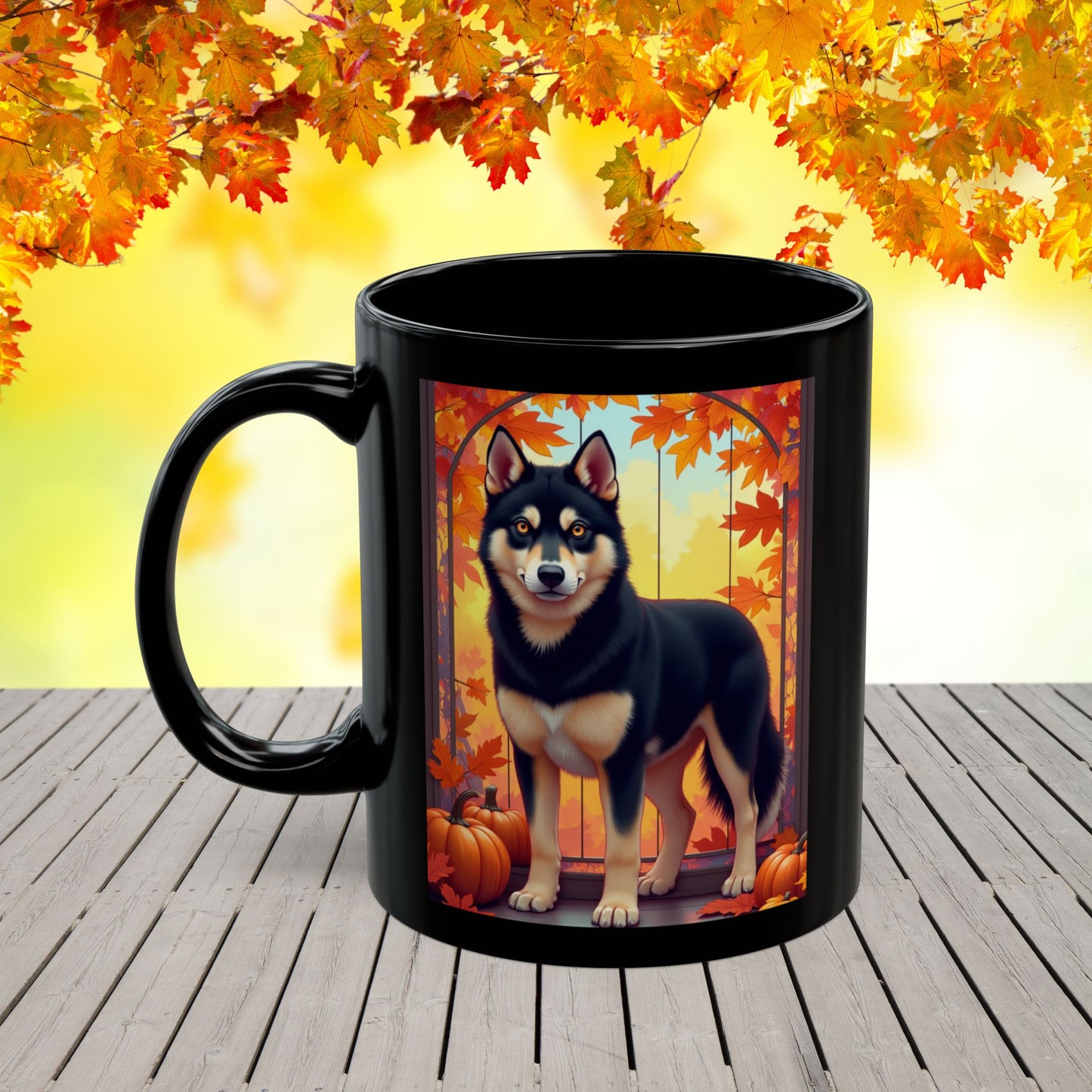 Black & Tan Husky (Amber Eyes) autumn coffee mug, personalized dog lover gift for fall and cozy drinks