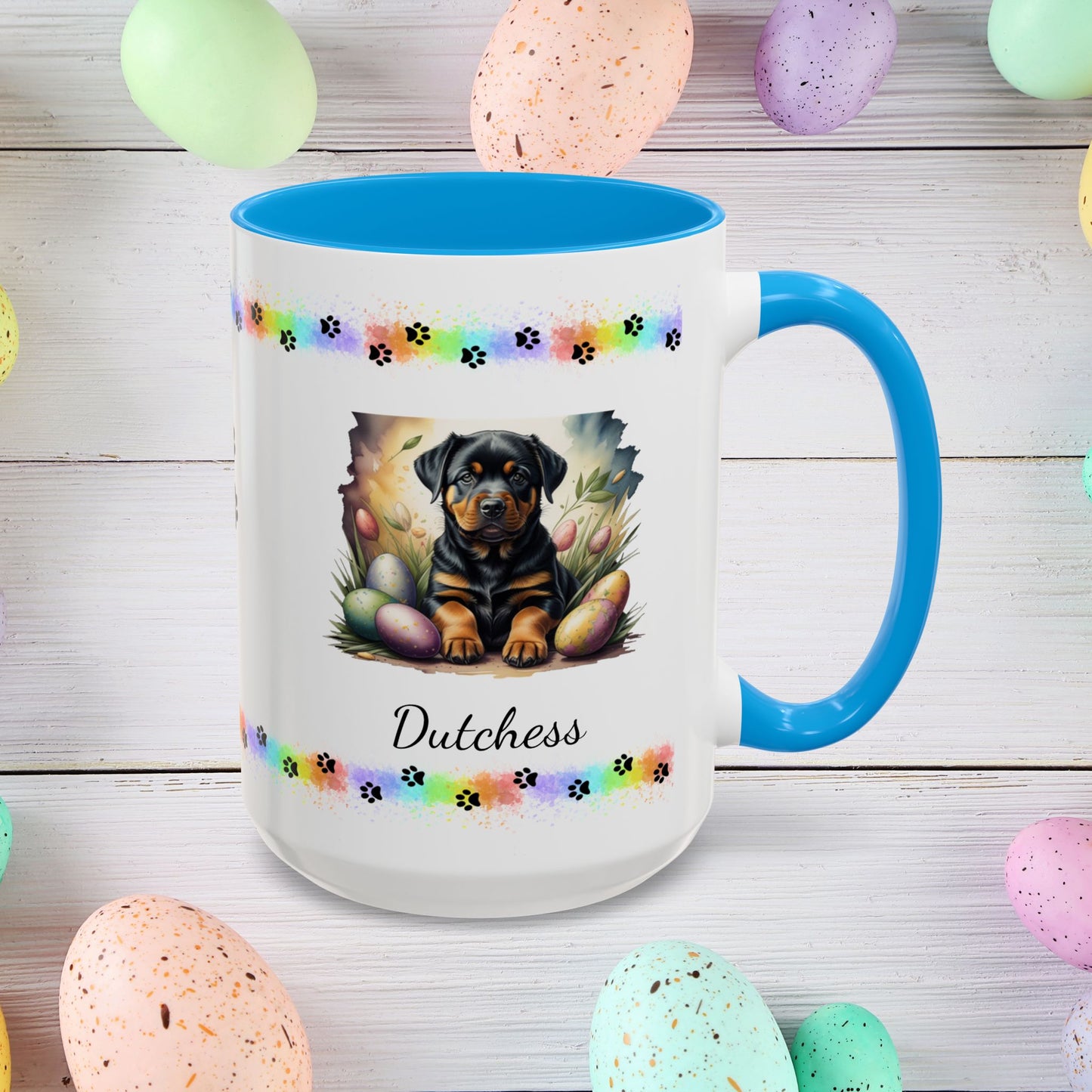 Rottweiler Easter puppy coffee mug personalized dog design, thoughtful gift for self-care and mental health awareness.