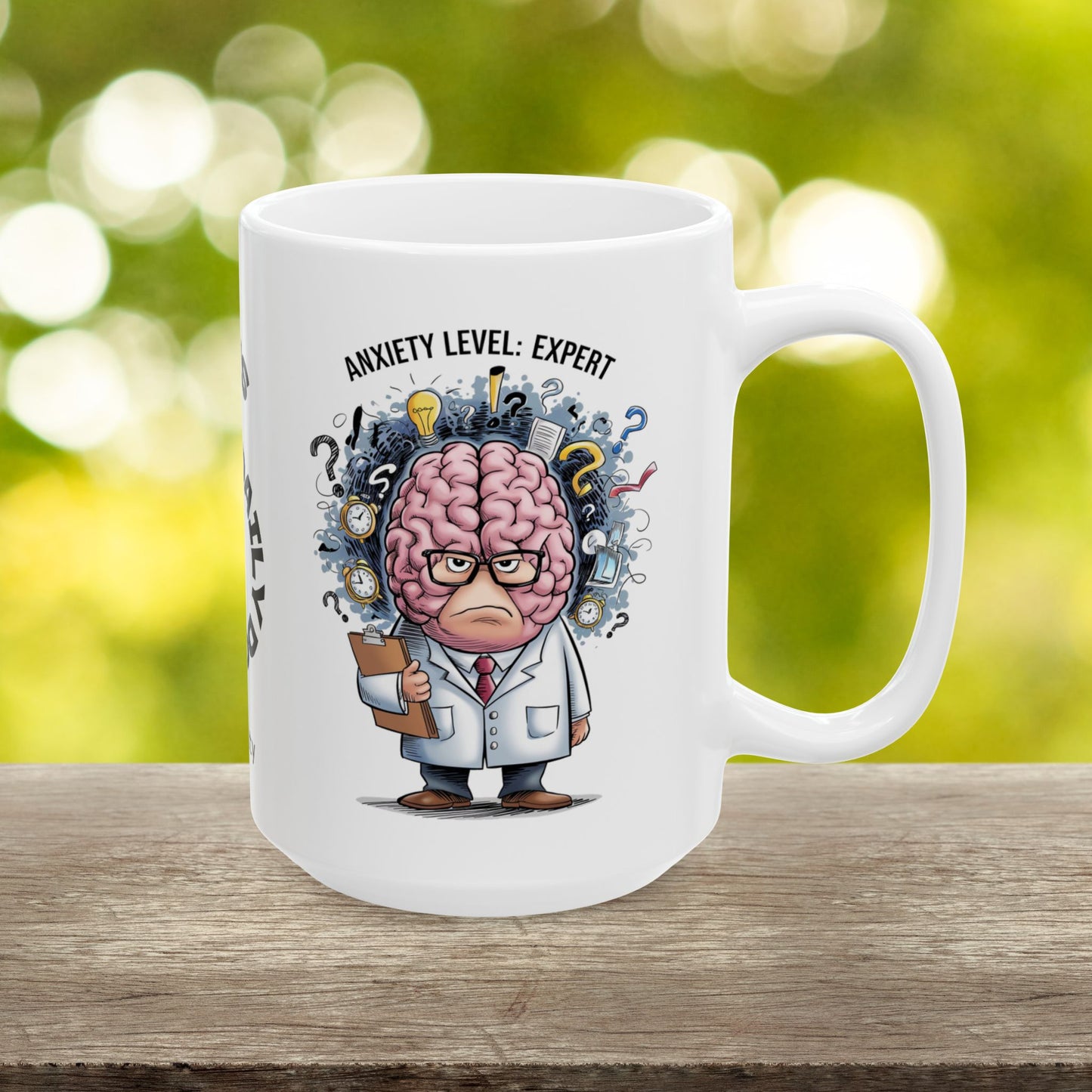 Personalized "Anxiety Level: Expert" funny mental health mug with affirmations for anxiety and mental health support.