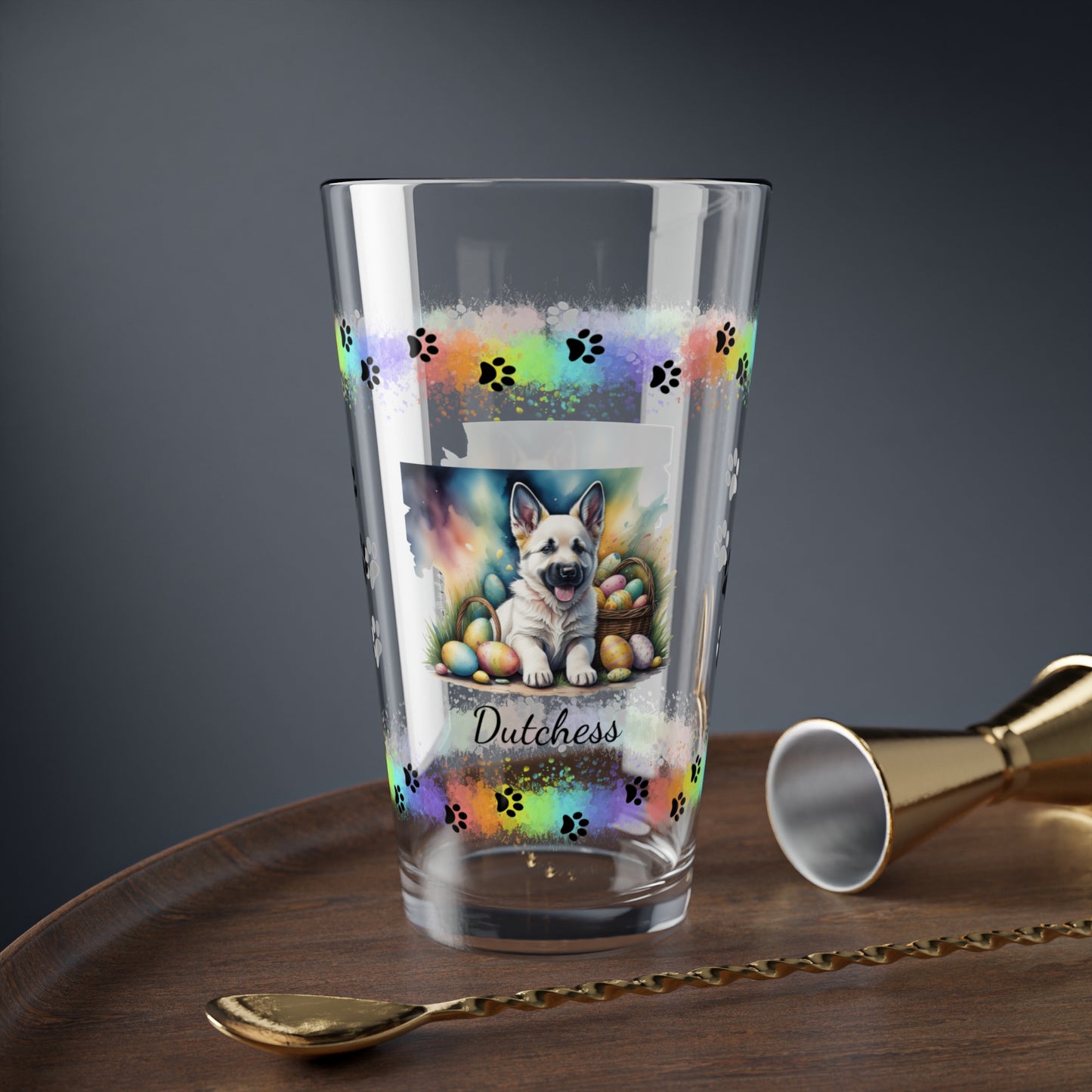 German Shepherd (White) Personalized Easter Puppy 16oz Pint Glass - Custom Dog Design, Mental Health Gift, Easter Décor, and Festive Celebrations