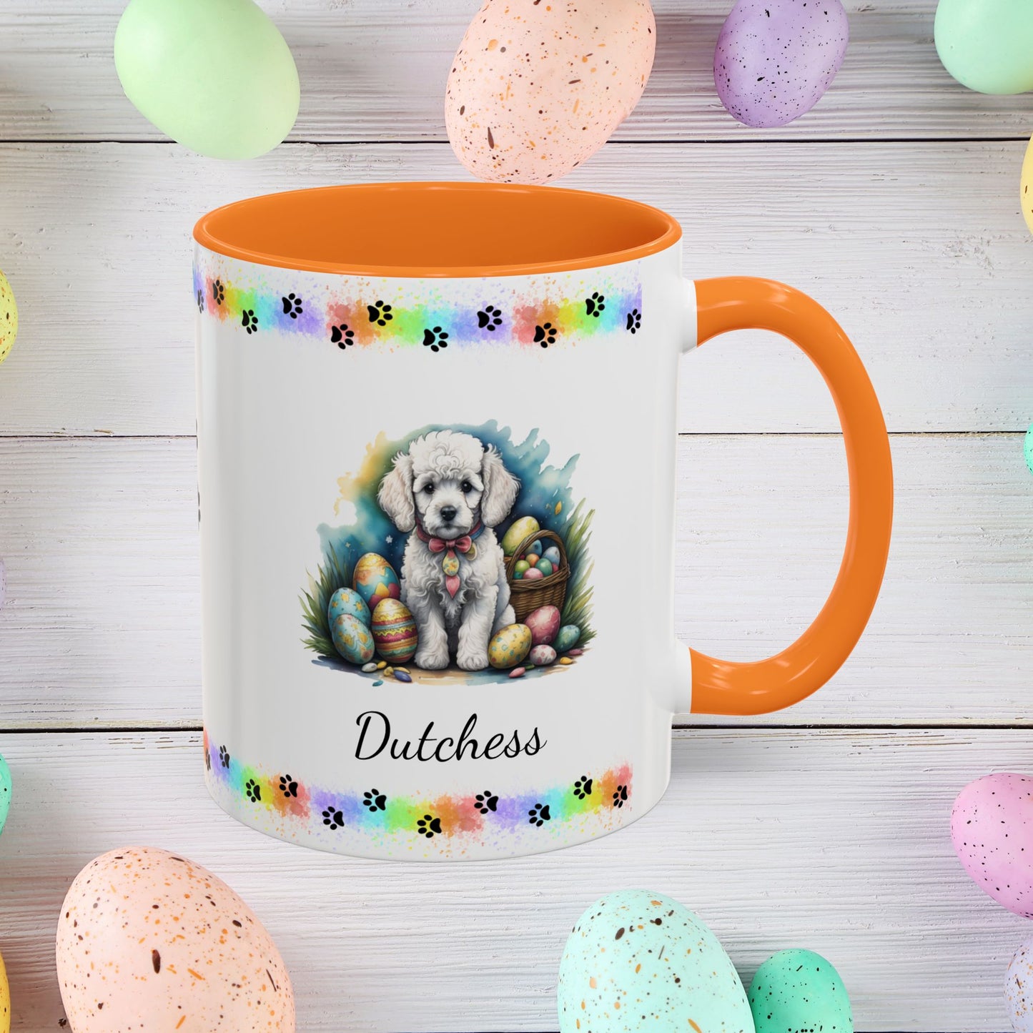 White Poodle Easter puppy coffee mug with custom dog design, perfect Easter gift for pet owners and mental wellness support.