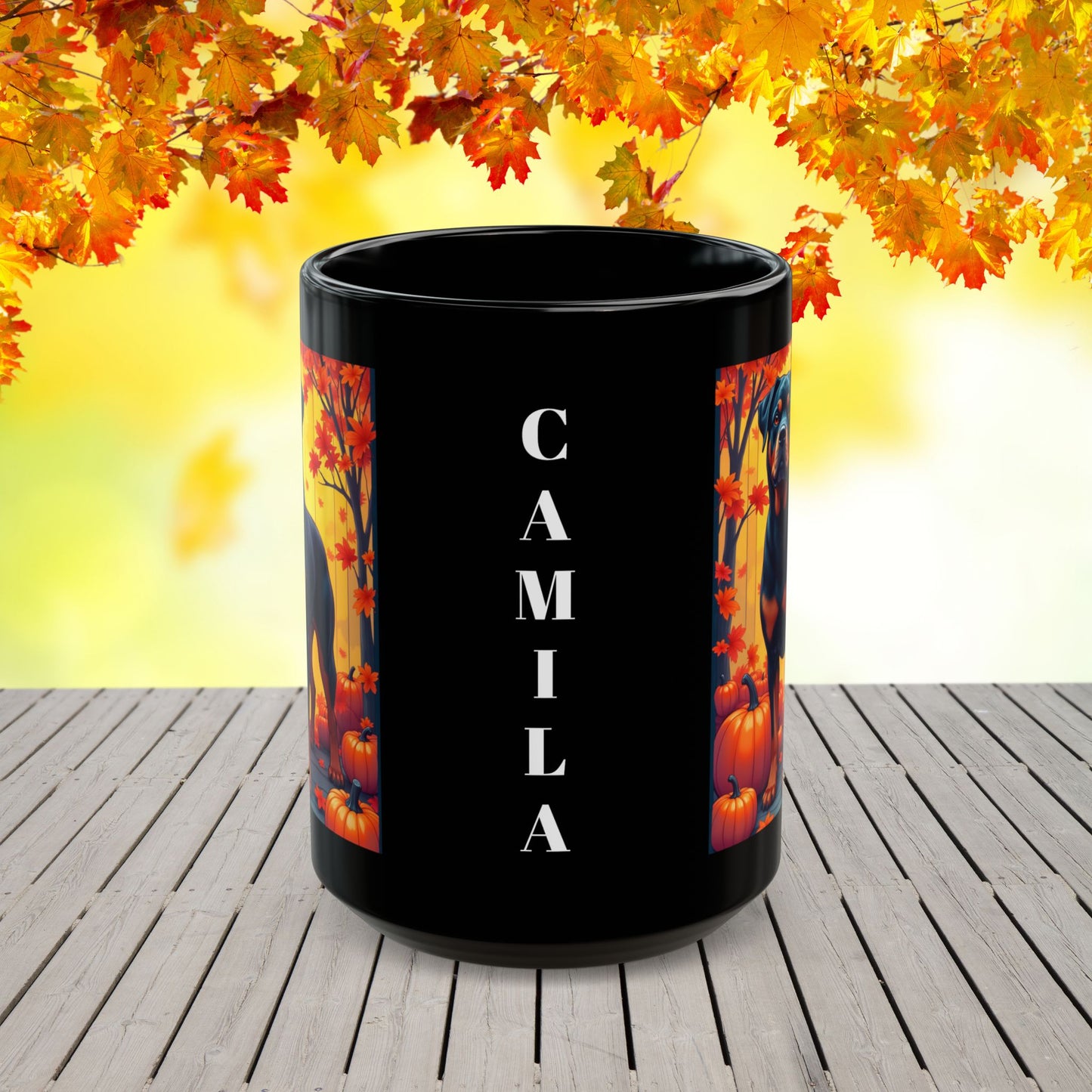 Black and mahogany Rottweiler dog in autumn leaves on a custom ceramic coffee mug.