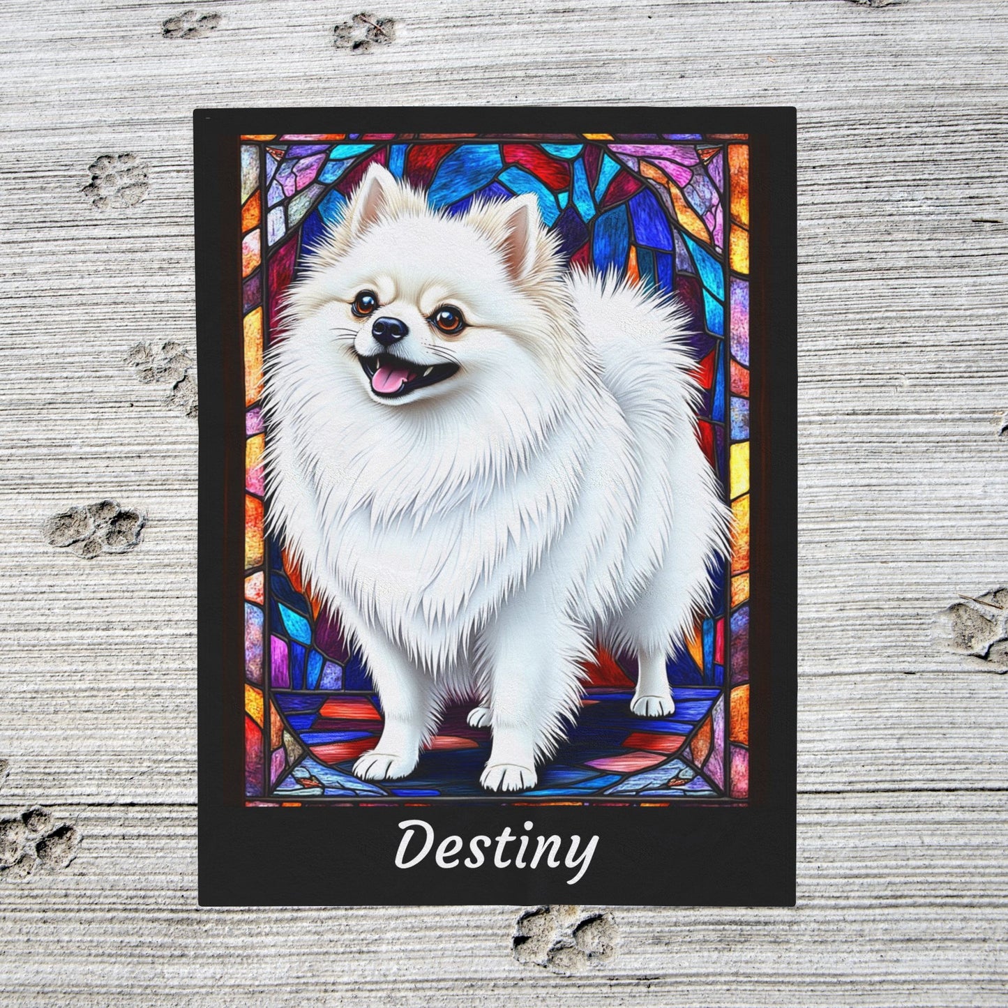 Pomeranian White Coat Blanket, Velveteen Plush Stained Glass Dog Throw, Custom Pet Lover Gift