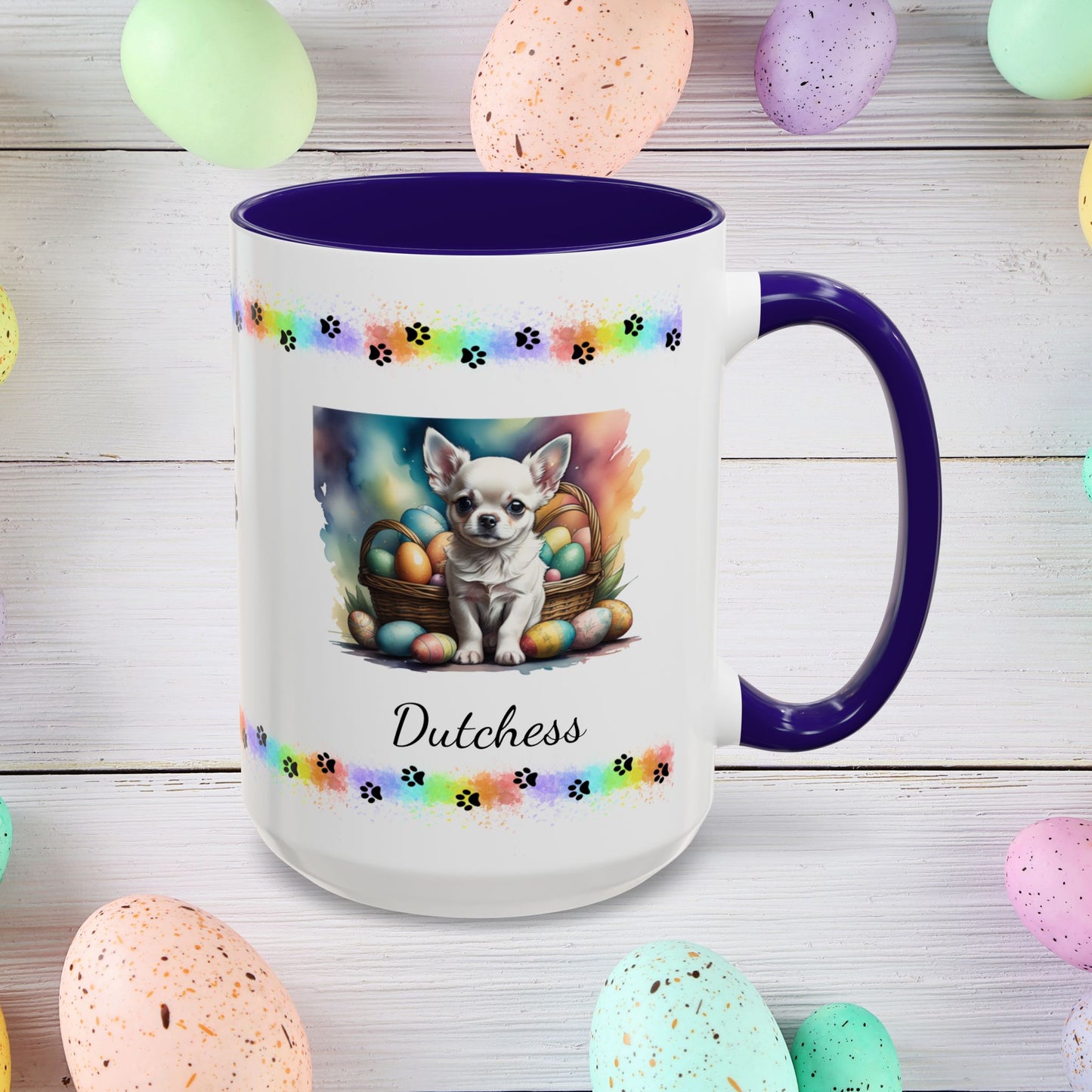 Chihuahua White personalized Easter puppy mug, cute dog coffee cup, mental health awareness gift for dog lovers