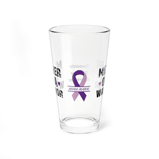 Shop our premium mother of a warrior domestic violence awareness pint glass 16oz from MySisterIsASurvivor.