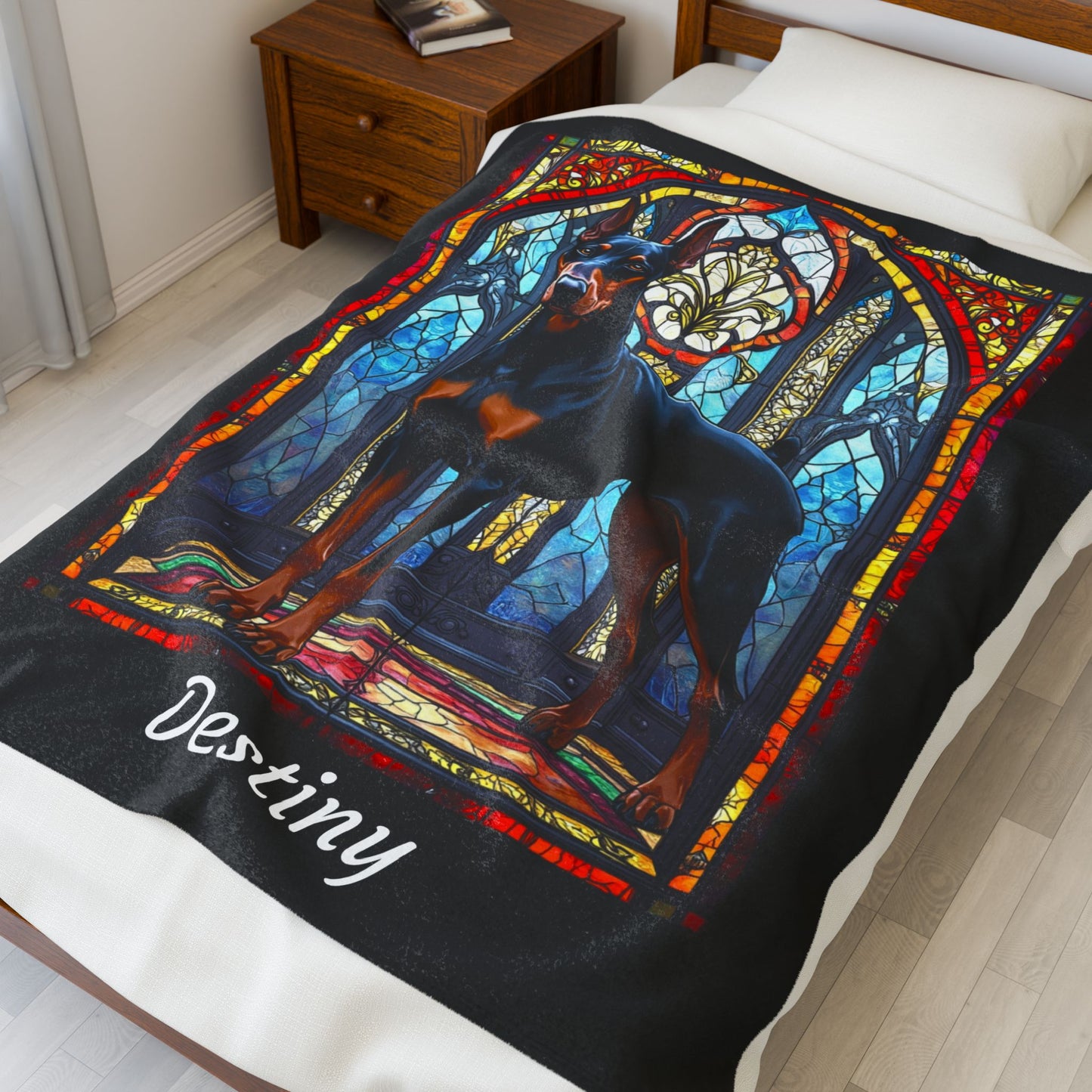 Doberman black and rust velveteen blanket, stained glass dog throw, personalized pet lover gift - MySisterIsASurvivor