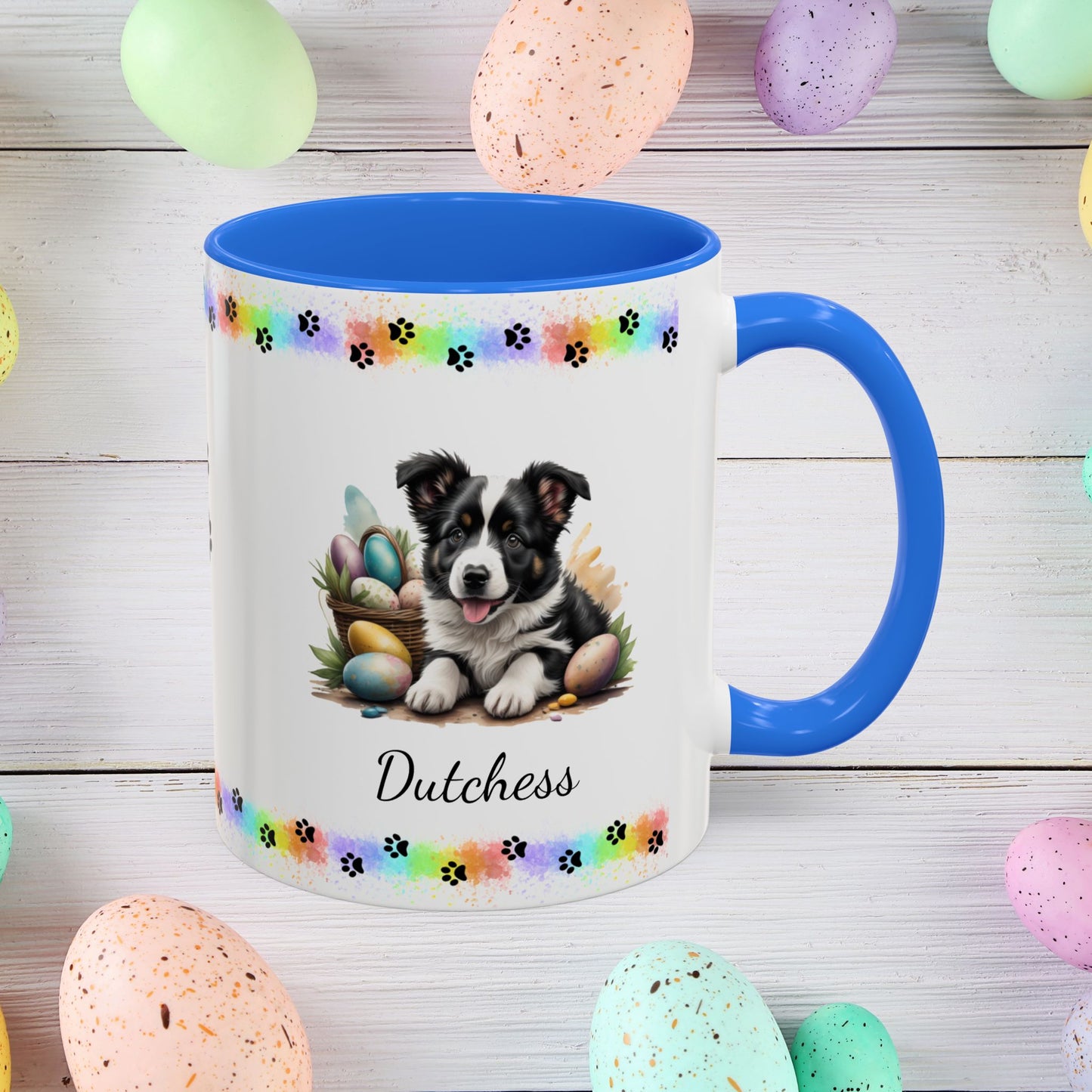 Border Collie Black & White Easter puppy coffee mug, personalized cute dog gift for mental health support