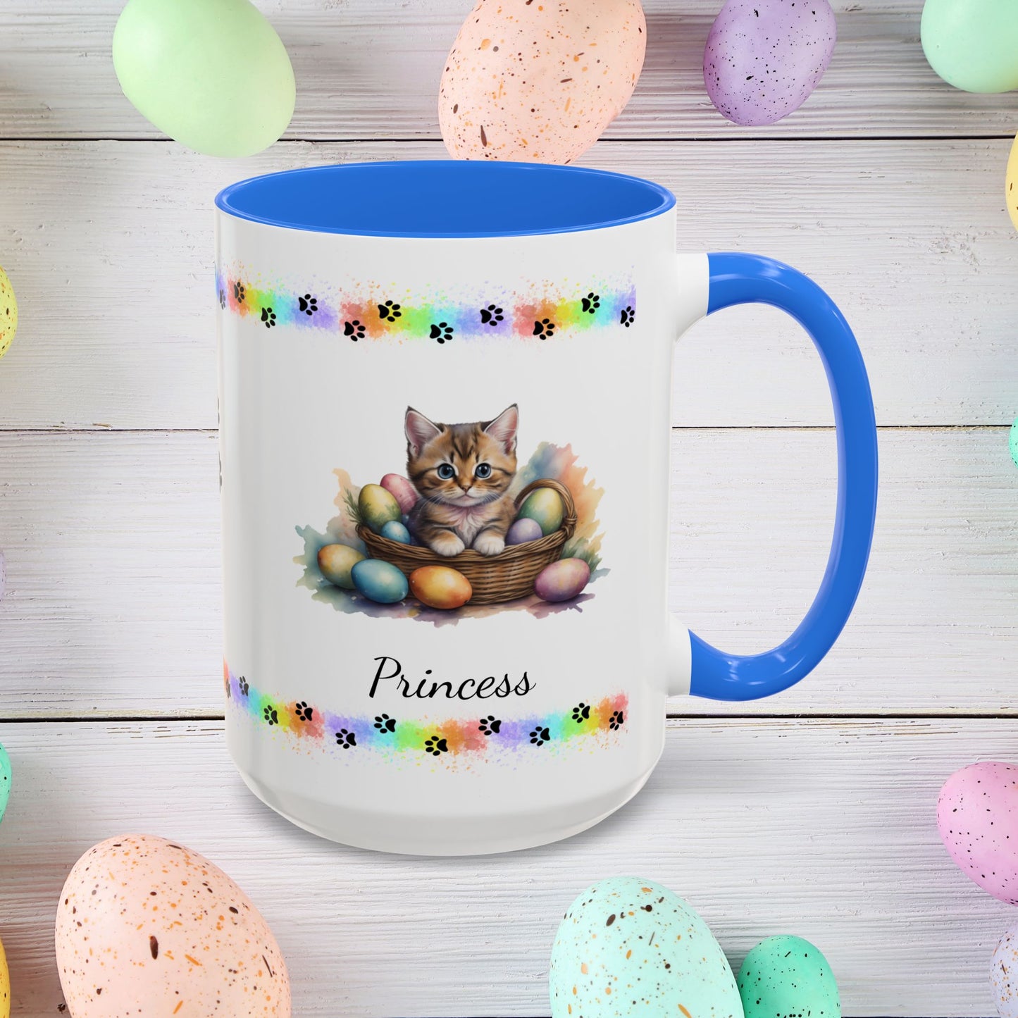 Munchkin personalized Easter coffee mug, cute kitten design, mental health awareness gift for cat lovers