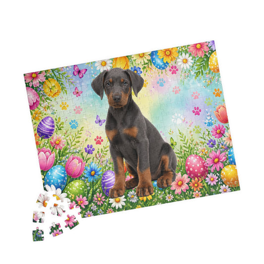 Doberman (Blue & Rust) Easter Puppy Puzzle - Spring Garden with Eggs, Tulips, and Daisies