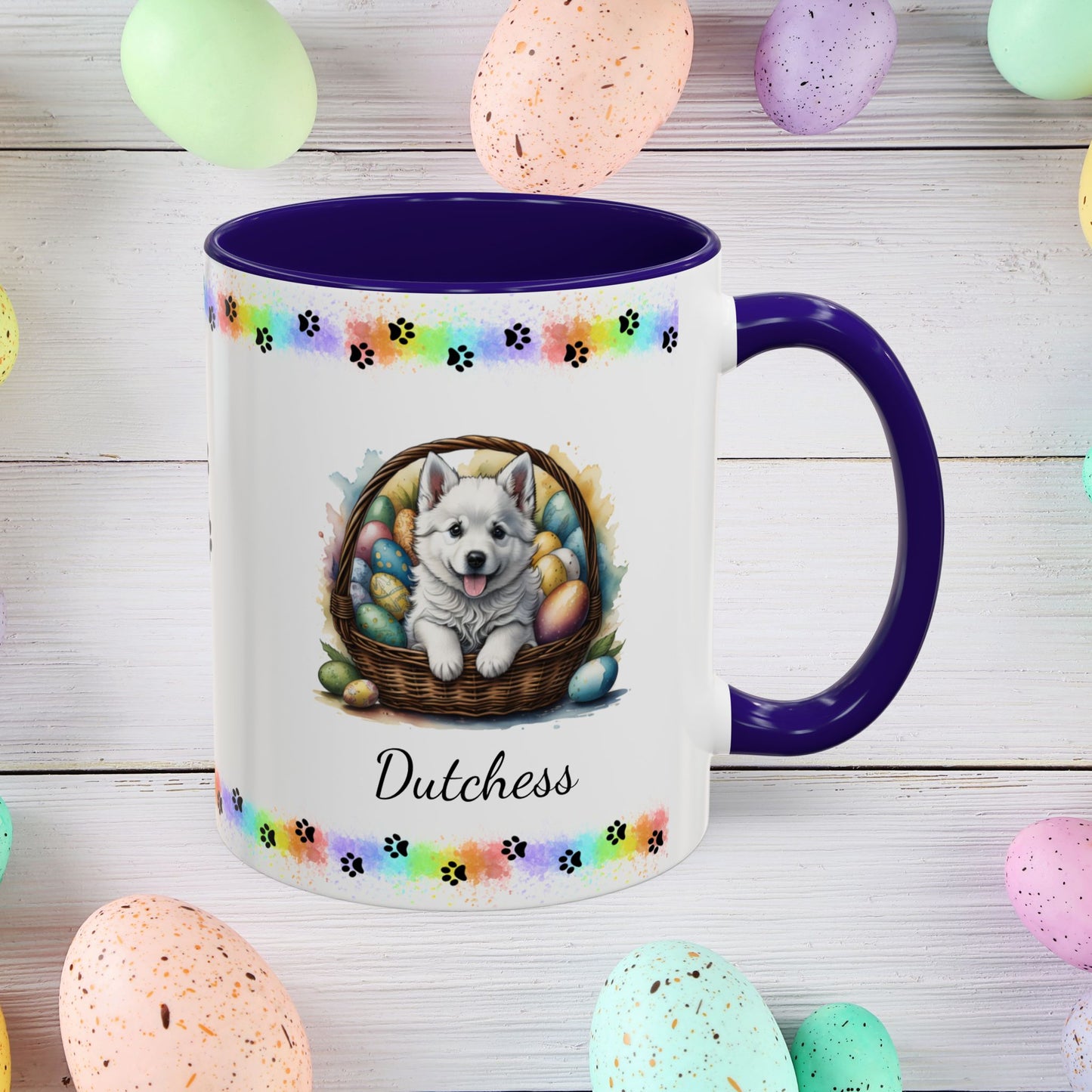 American Eskimo personalized Easter puppy mug, cute dog coffee cup, mental health awareness gift for dog lovers
