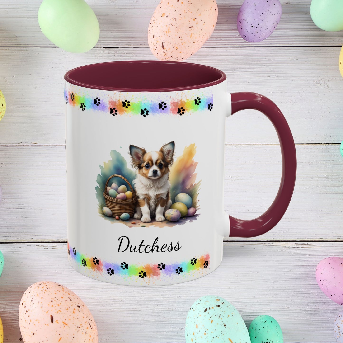 Papillon Brown & White Easter puppy coffee mug, personalized cute dog gift for mental health awareness and comfort