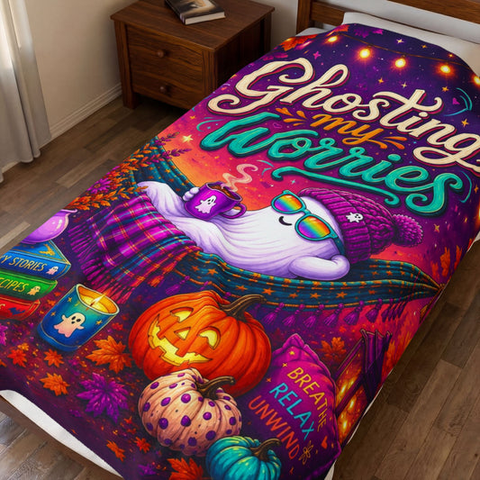 Ghosting My Worries Velveteen Blanket - Cozy Ghost in Hammock with Spooky Stories and Breathe Relax Unwind