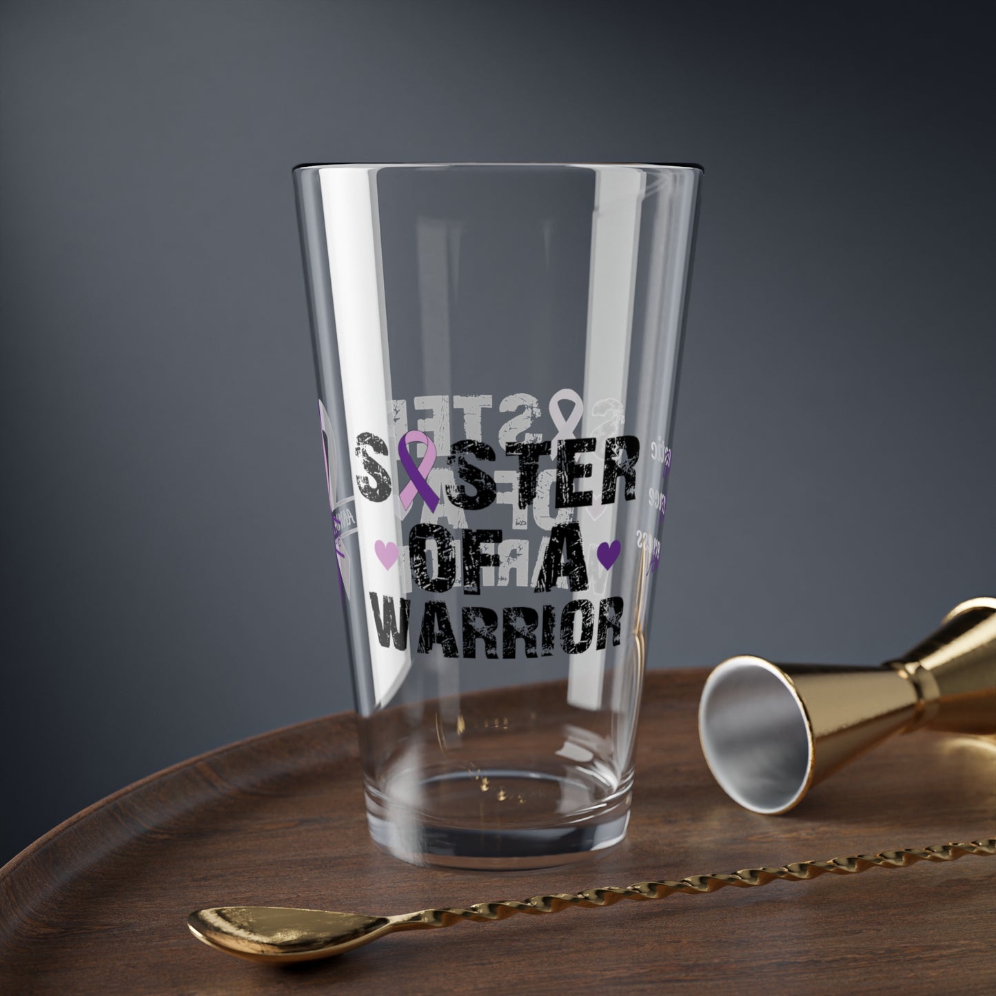 Sister of a Warrior: Personalized Domestic Violence Awareness Warrior Pint Glass - Proud Family Member