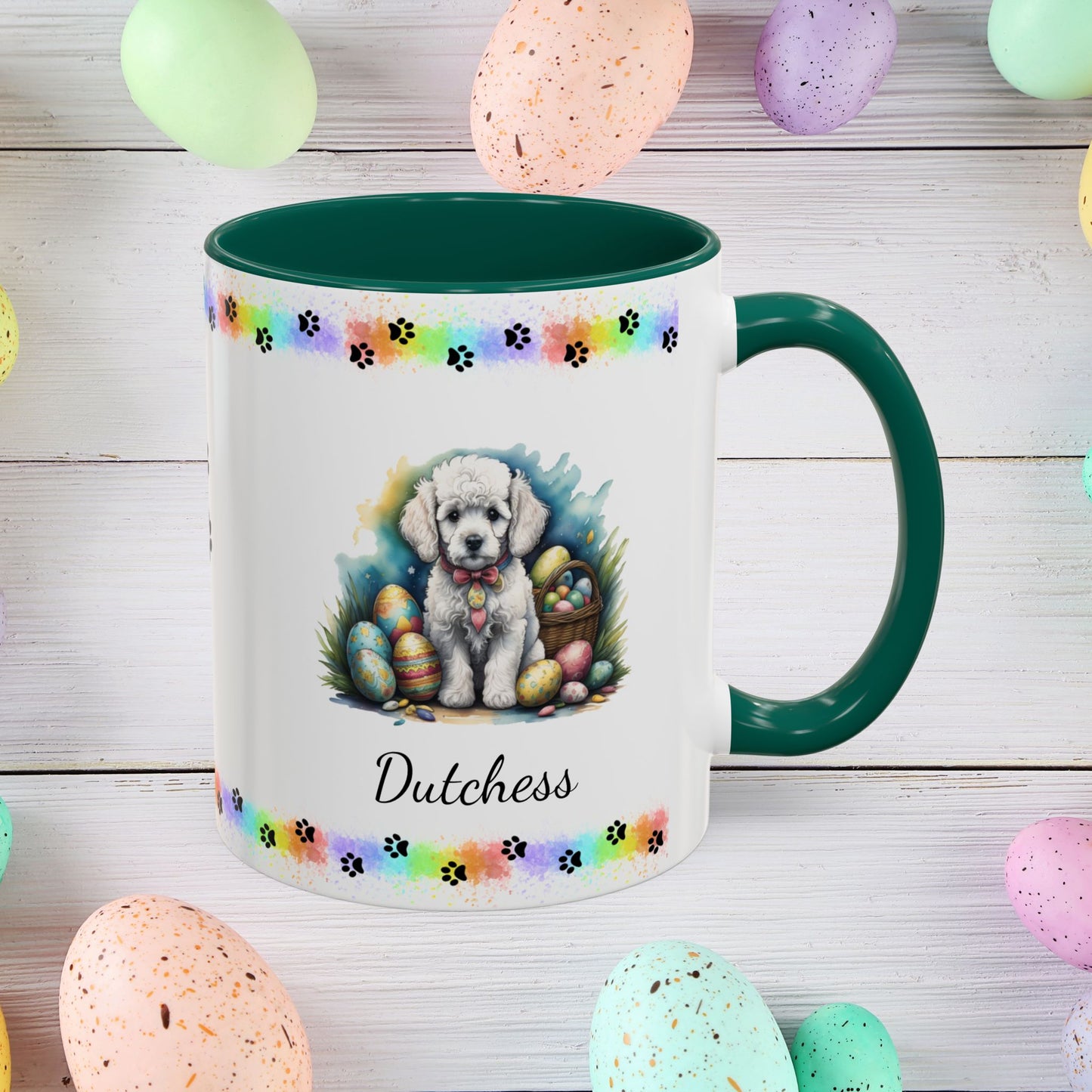 White Poodle Easter puppy coffee mug with custom dog design, perfect Easter gift for pet owners and mental wellness support.