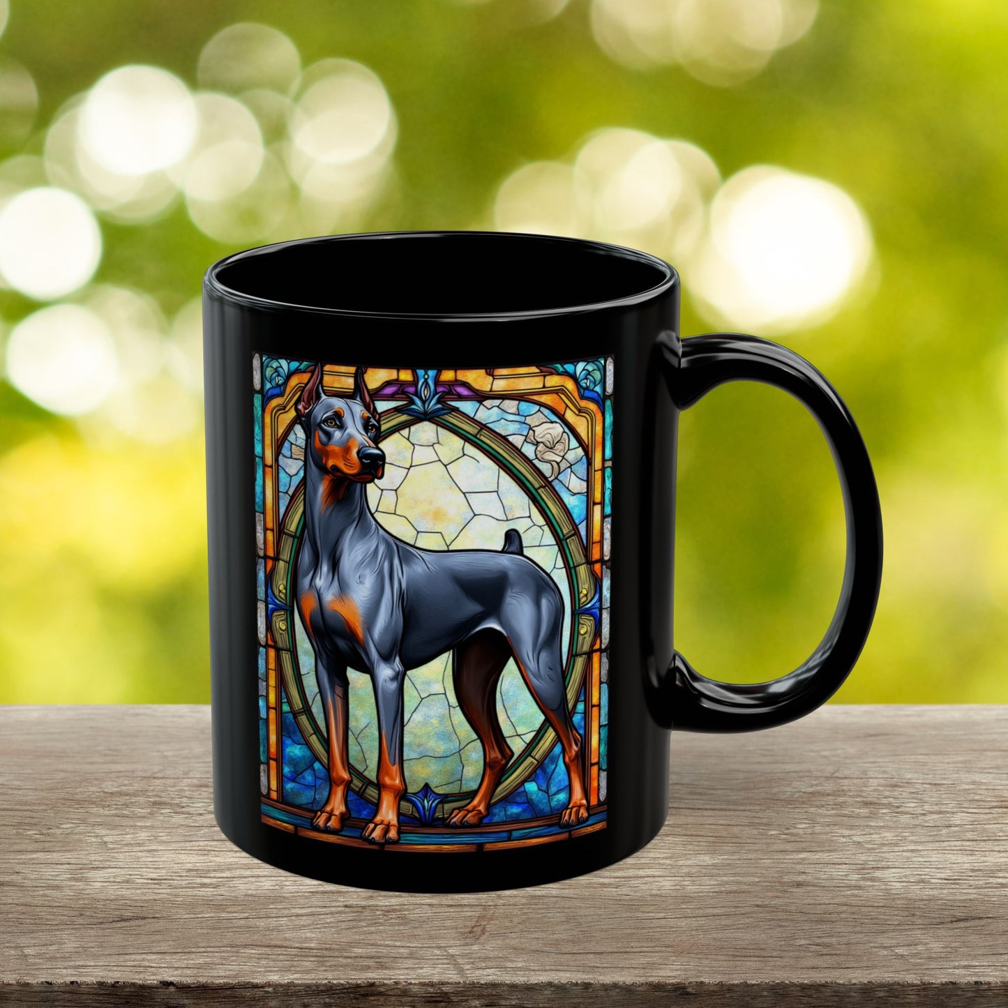 Doberman blue and rust personalized mug, stained glass coffee cup for dog lovers and pet parents