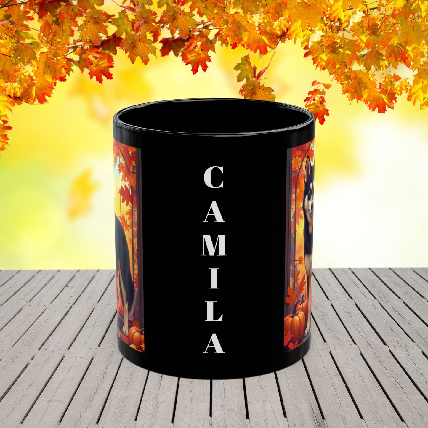 Black & Tan Husky (Amber Eyes) autumn coffee mug, personalized dog lover gift for fall and cozy drinks