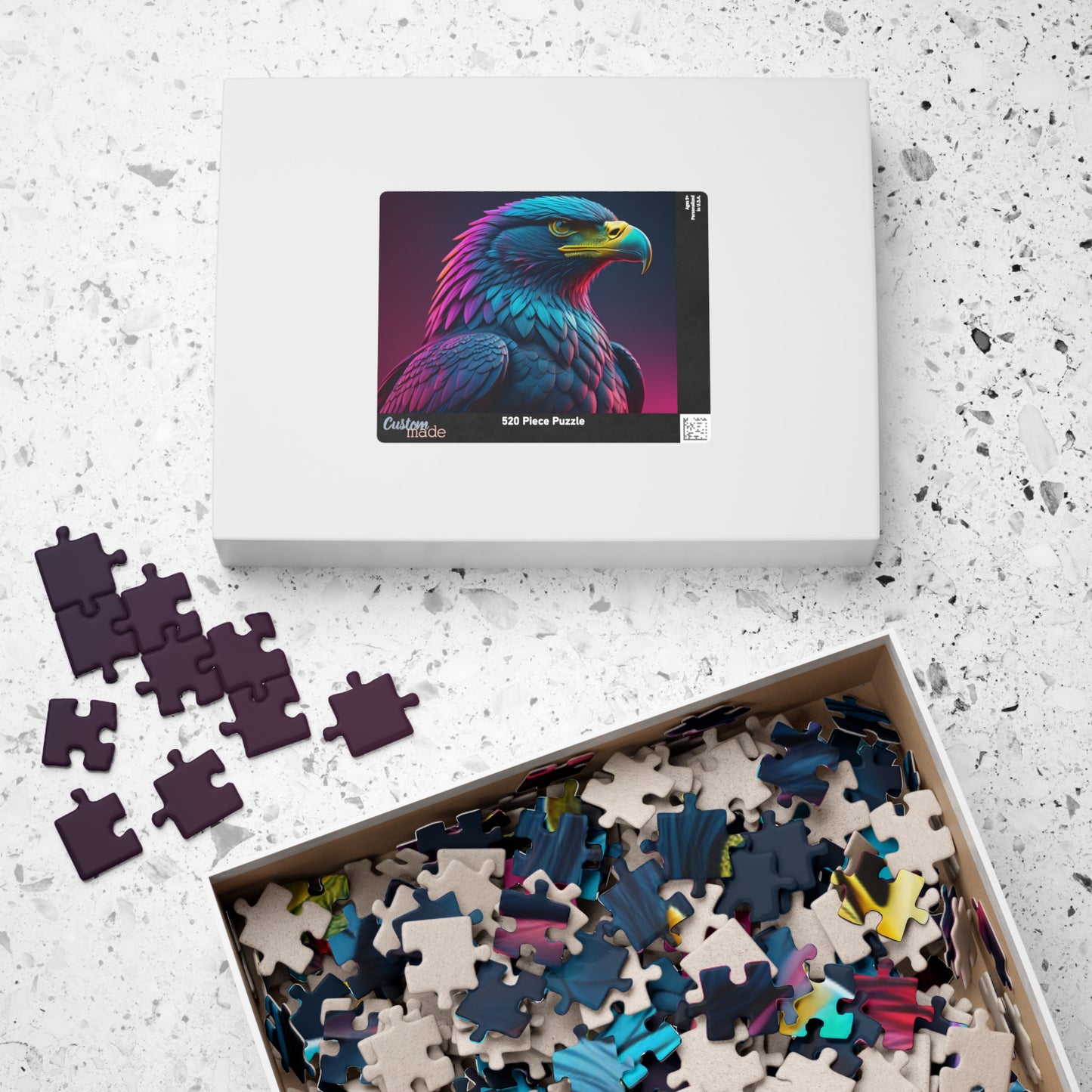 Eagle's Fortitude - Neon Eagle Portrait Puzzle with Teal and Pink-Purple Feathers on Dark Gradient