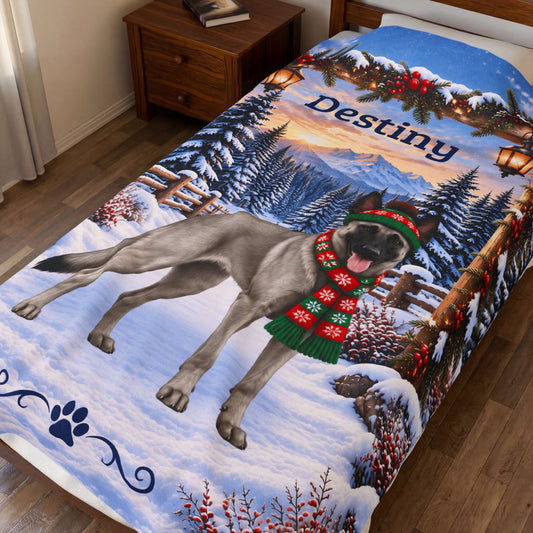 Belgian Malinois (Gray Coat) - Personalized Snowy Mountain Throw, Custom Dog Name Winter Blanket - MySisterIsAsurvor