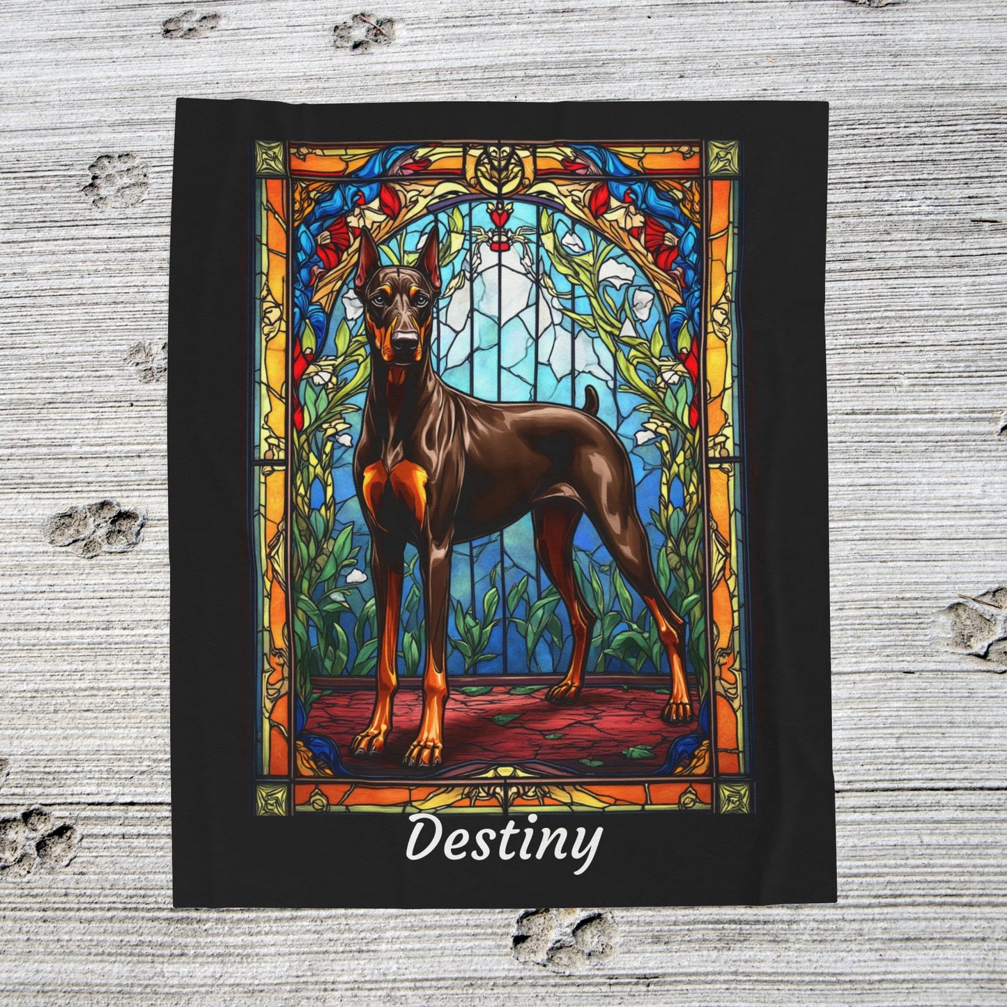 Doberman red and rust velveteen blanket, stained glass dog throw, personalized pet lover gift - MySisterIsASurvivor
