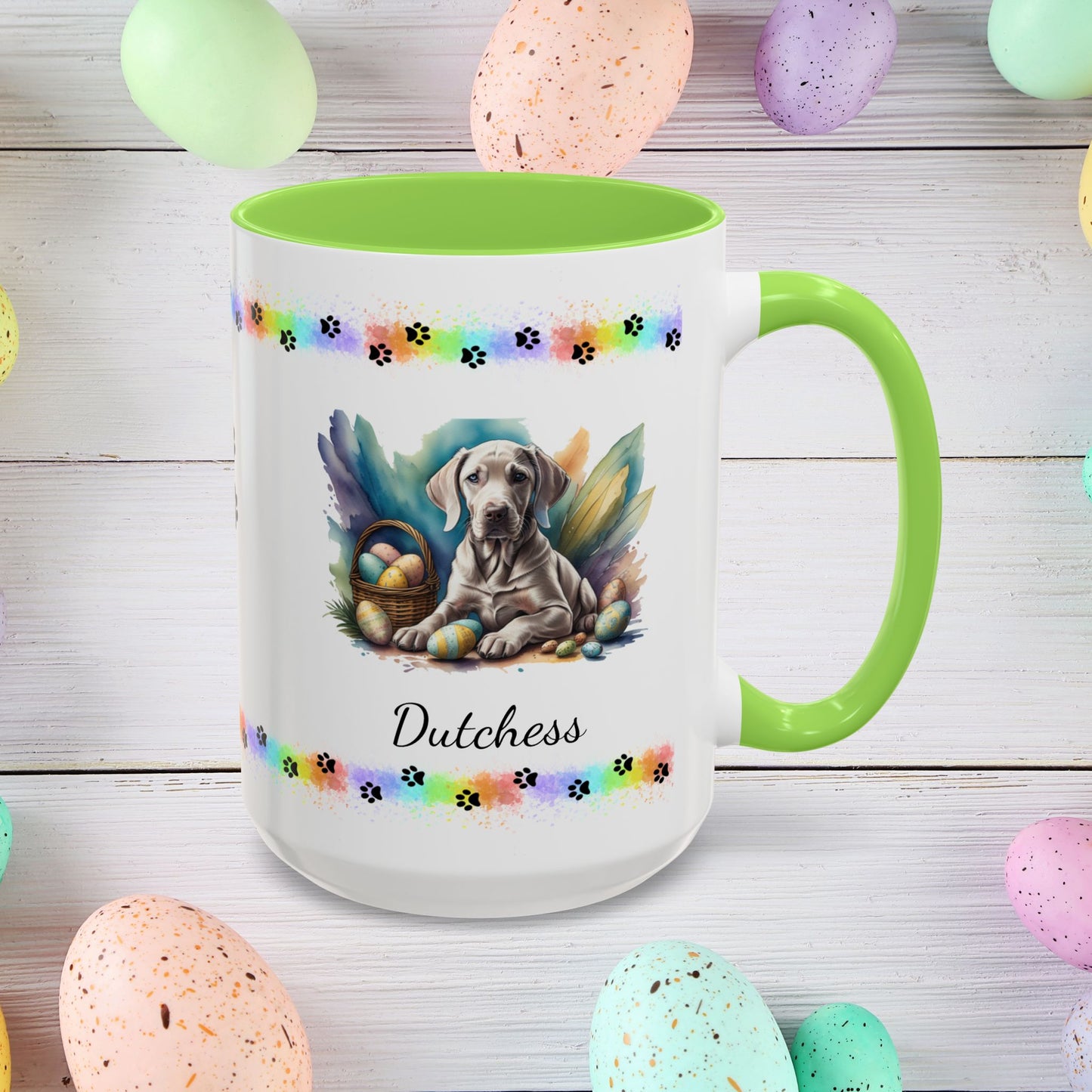 Weimaraner taupe Easter puppy coffee mug personalized dog design, ideal for promoting calm, comfort, and spring cheer.