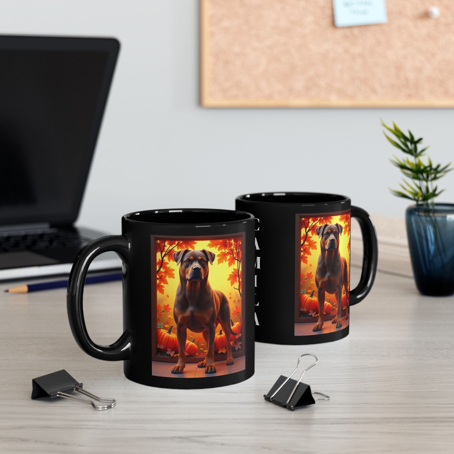 Chocolate and tan Rottweiler dog in fall leaves on a custom black mug.