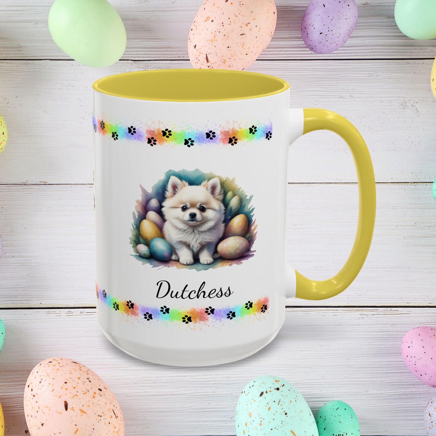 Pomeranian White Easter puppy coffee mug, personalized cute dog coffee cup gift for mental health support and comfort