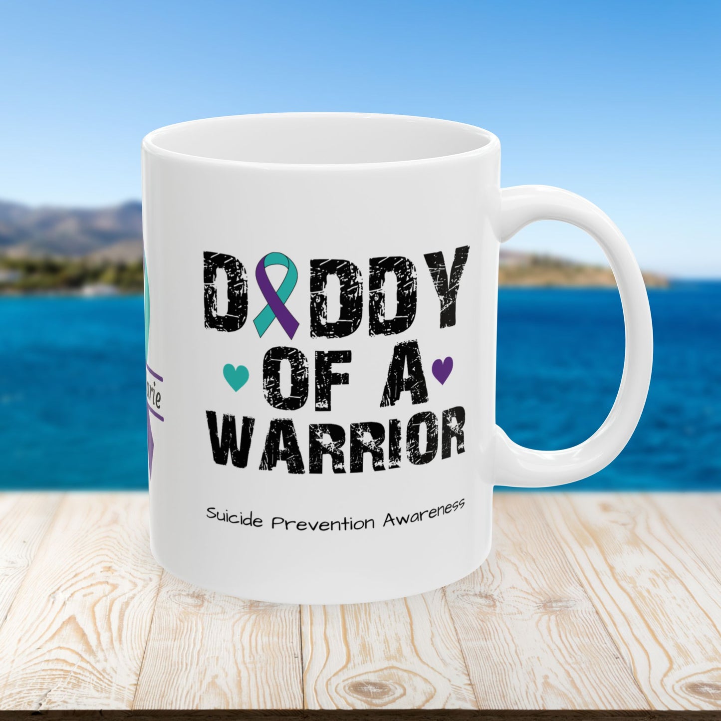 Daddy of a Warrior mug with custom name - mental health support and suicide awareness design