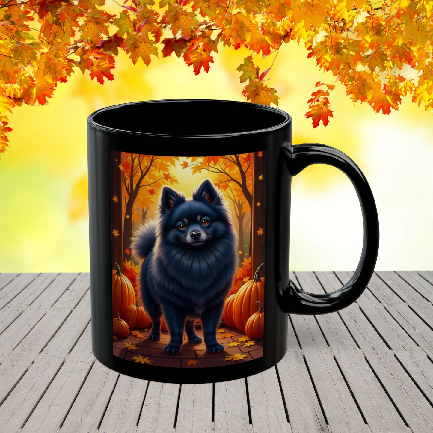 Blue Pomeranian custom autumn mug, personalized dog parent coffee cup for seasonal fall vibes