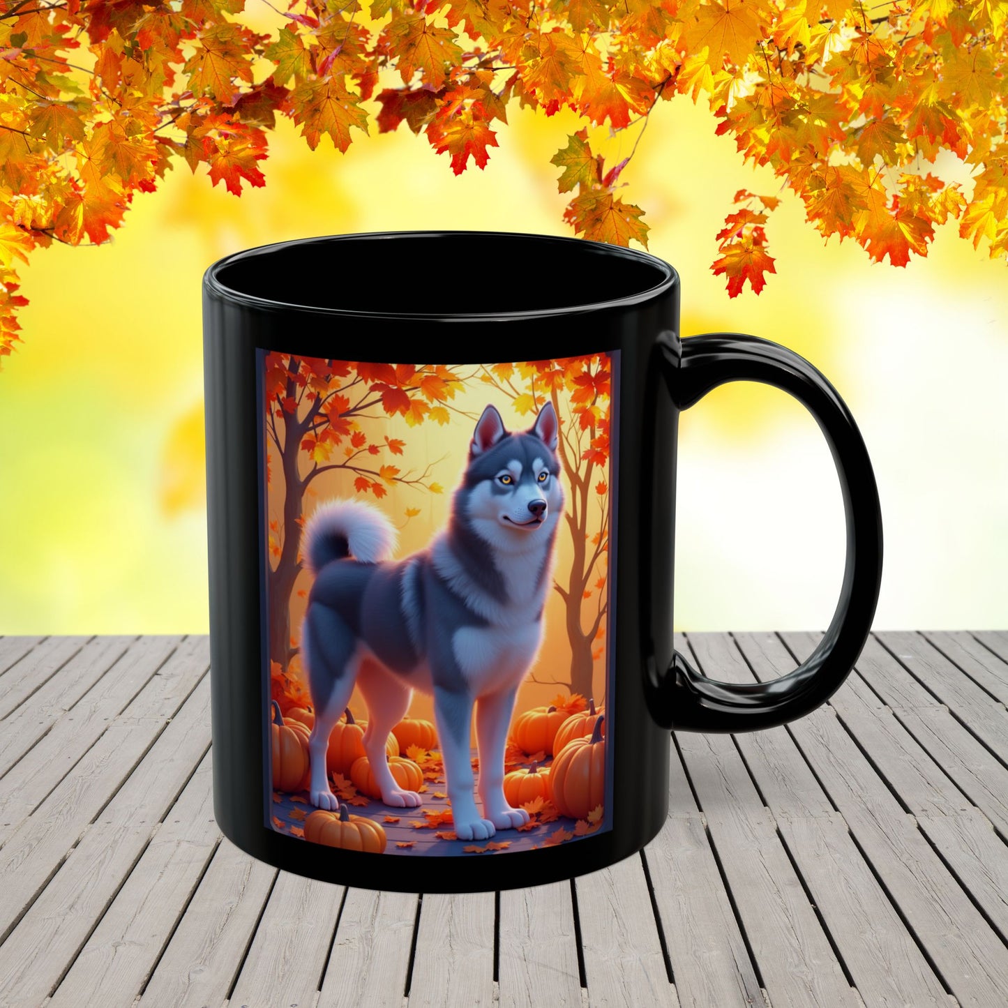 Dark Grey Siberian Husky (Amber Eyes) autumn coffee mug, personalized gift for Husky lovers this fall